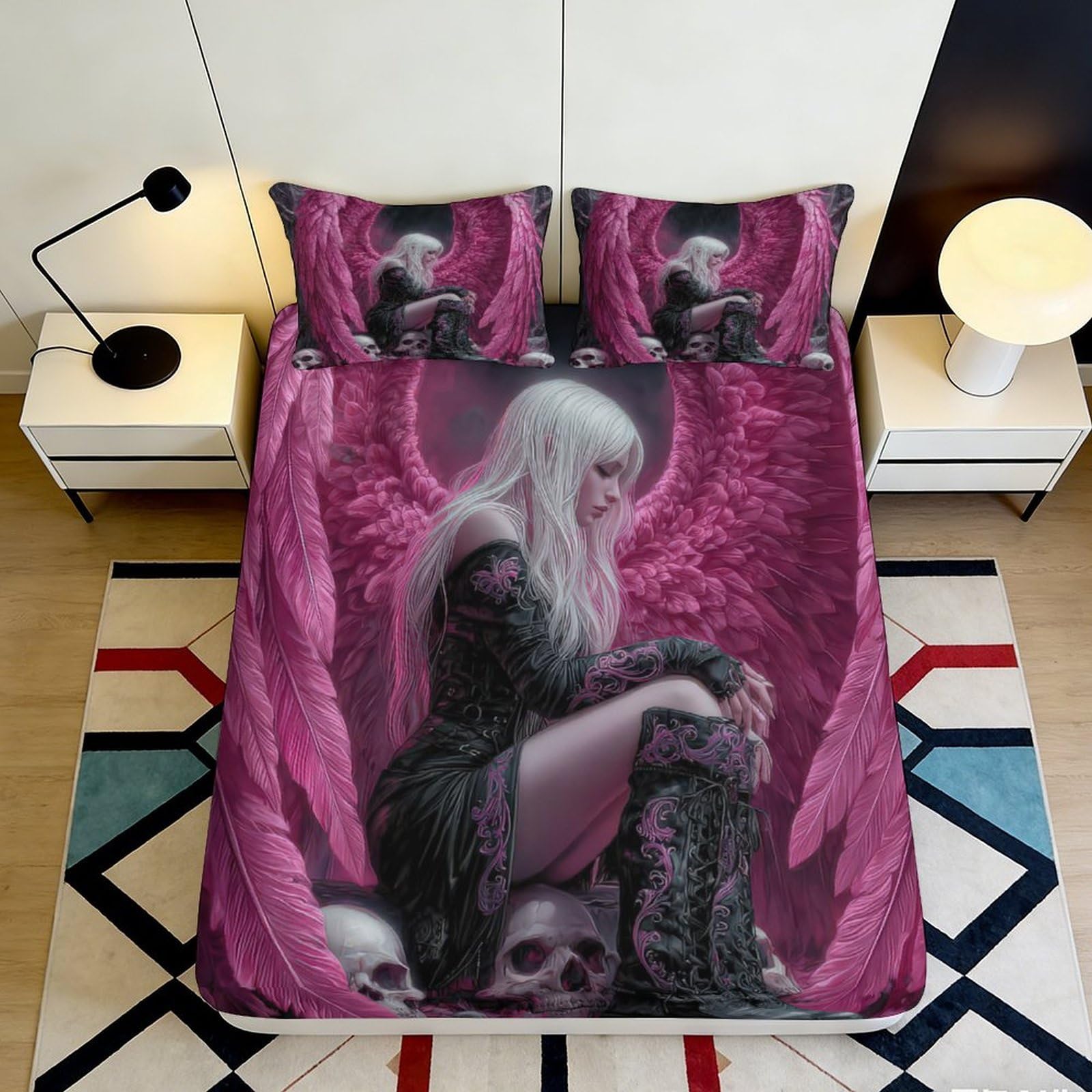3D Printed Gothic Angel Fitted Sheet Microfiber Pink Wings Skull Bed Cover for Bedroom Guest Room Decor Easy Care 90x200x25cm