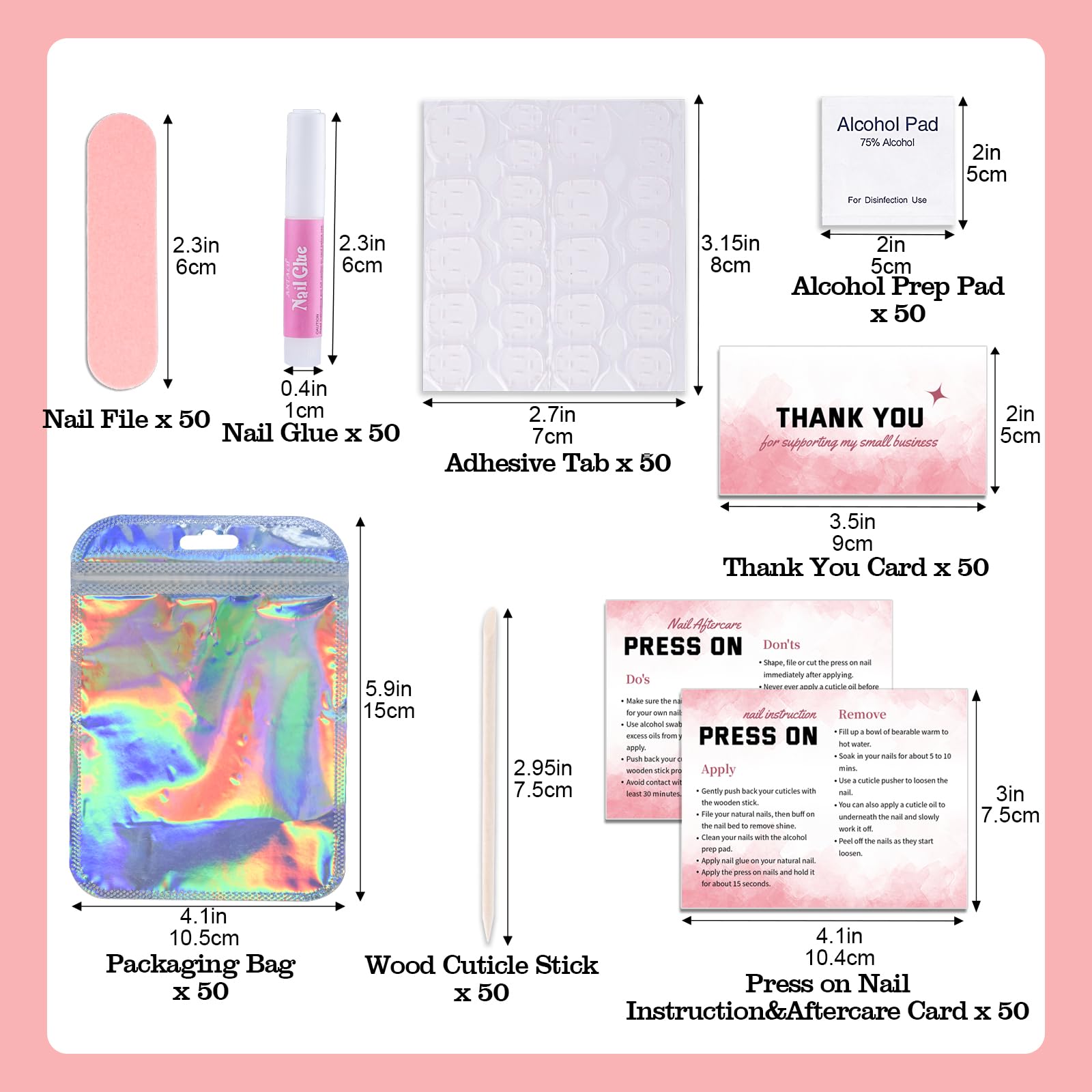 Kit de herramientas de uñas a presión para negocios de uñas, kit desechable con lima de uñas, pegamento de uñas, almohadillas de preparación, tarjeta de instrucciones, pestañas adhesivas para uñas,