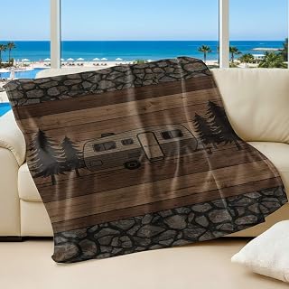 Vintage Camper Printed Flannel Blanket, Warm Cozy Throw Blanket for Sofa and Bed, Perfect for Outdoor Camping & Room Decor (03,50 x 60in)