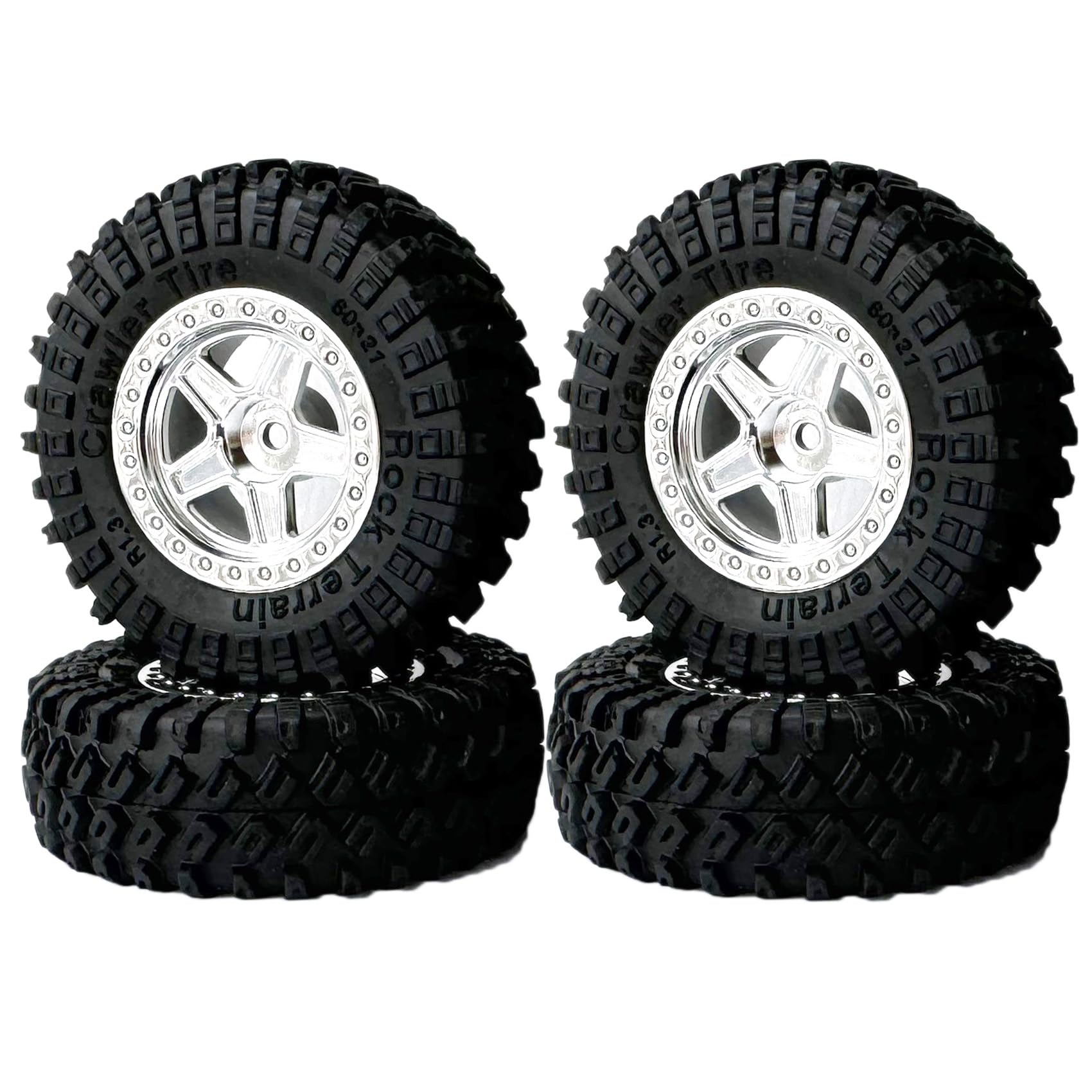 KINGCOO 4PCS 1.3 inch 5Spoke Beadlock Wheel Rims Tires and 60mm Rubber Tyre Set for 1/18 1/24 RC Rock Crawler Truck Car for Axial AX24 SCX24 TRX4M FCX24 Upgrade Part (Silver)