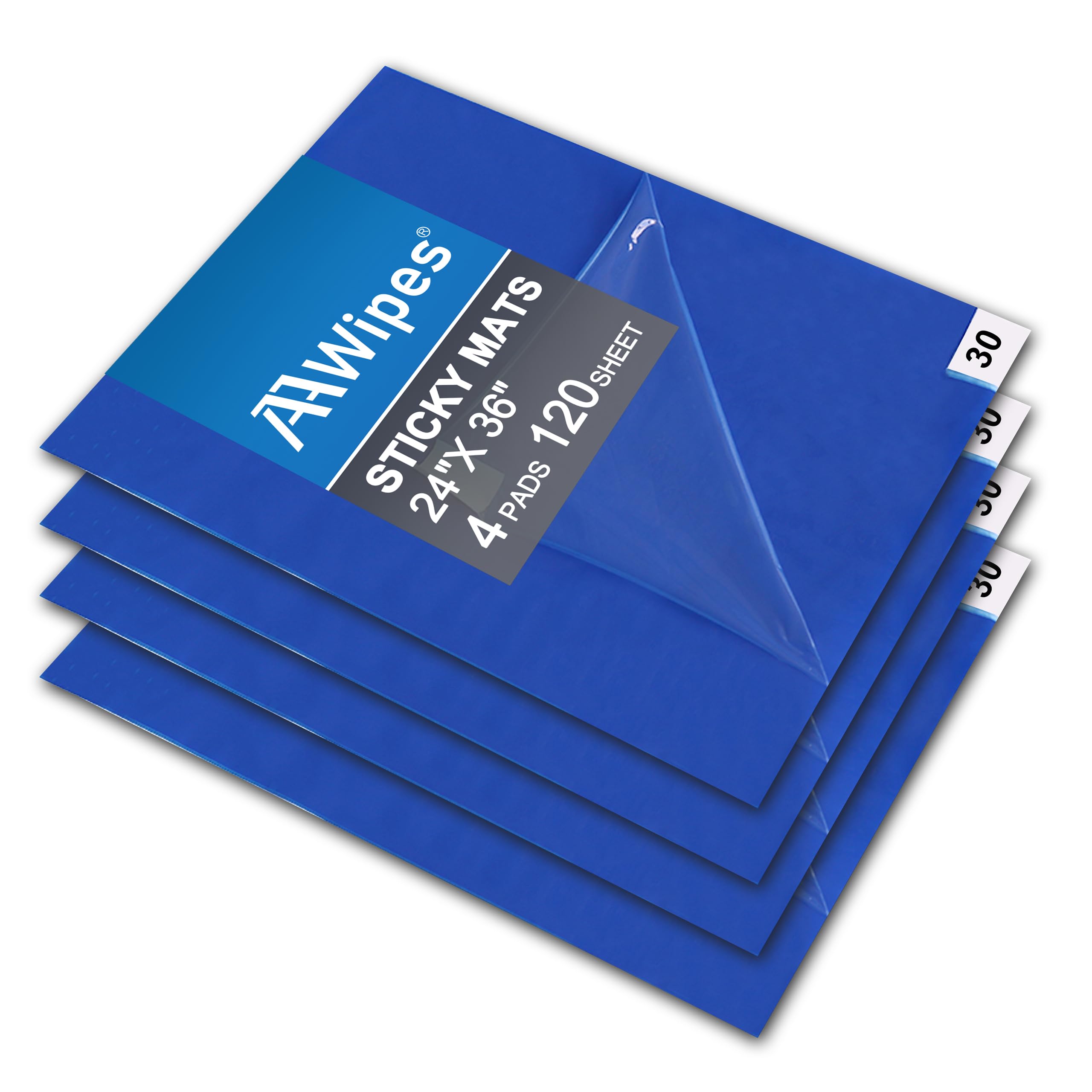 AAwipes Sticky Mat Tacky Pads Adhesive 24" x 36" 4 Packs, 30 Sheets/Packs, 120 Sheets Total Blue Cleanroom Floor Mats for Laboratory Construction