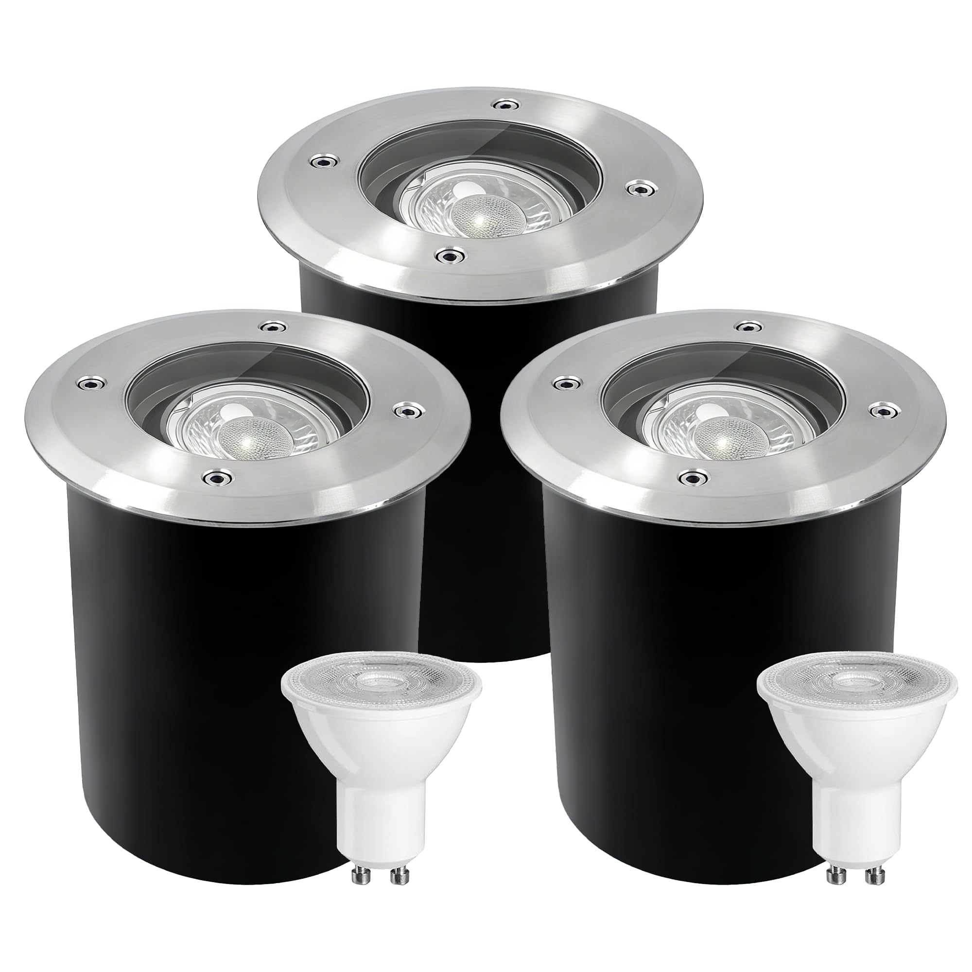 JNR Edelstahl Bodenstrahler Außen IP67 Wasserdicht 230V, Silber 3 Pack | Schwenkbar LED Licht, Bodeneinbaustrahler Aussen mit 5W GU10 3000K Glühbirne, Bodenleuchten Gartenbeleuchtung mit Strom