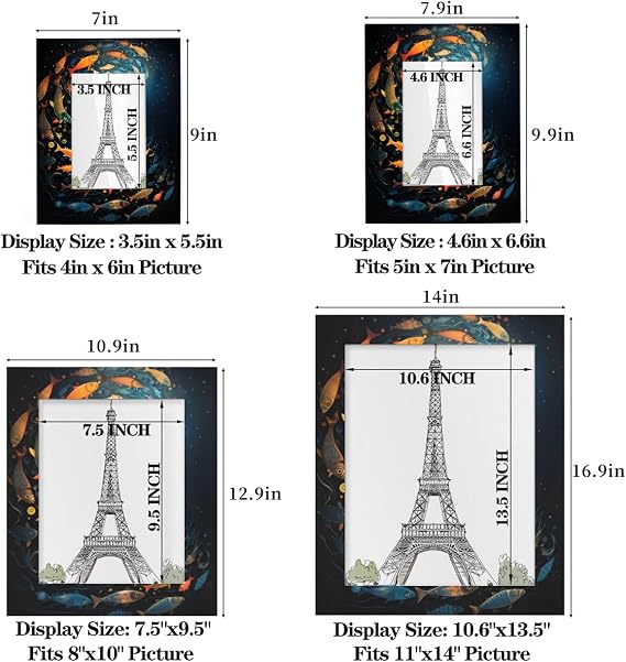 Underwater Ocean Fish Picture Frame 8x10, Coral Fish 8x10Photo Frame Horizontal &Vertical Display 8 by 10Wooden Picture Frame for Desktop or Wall Decoration