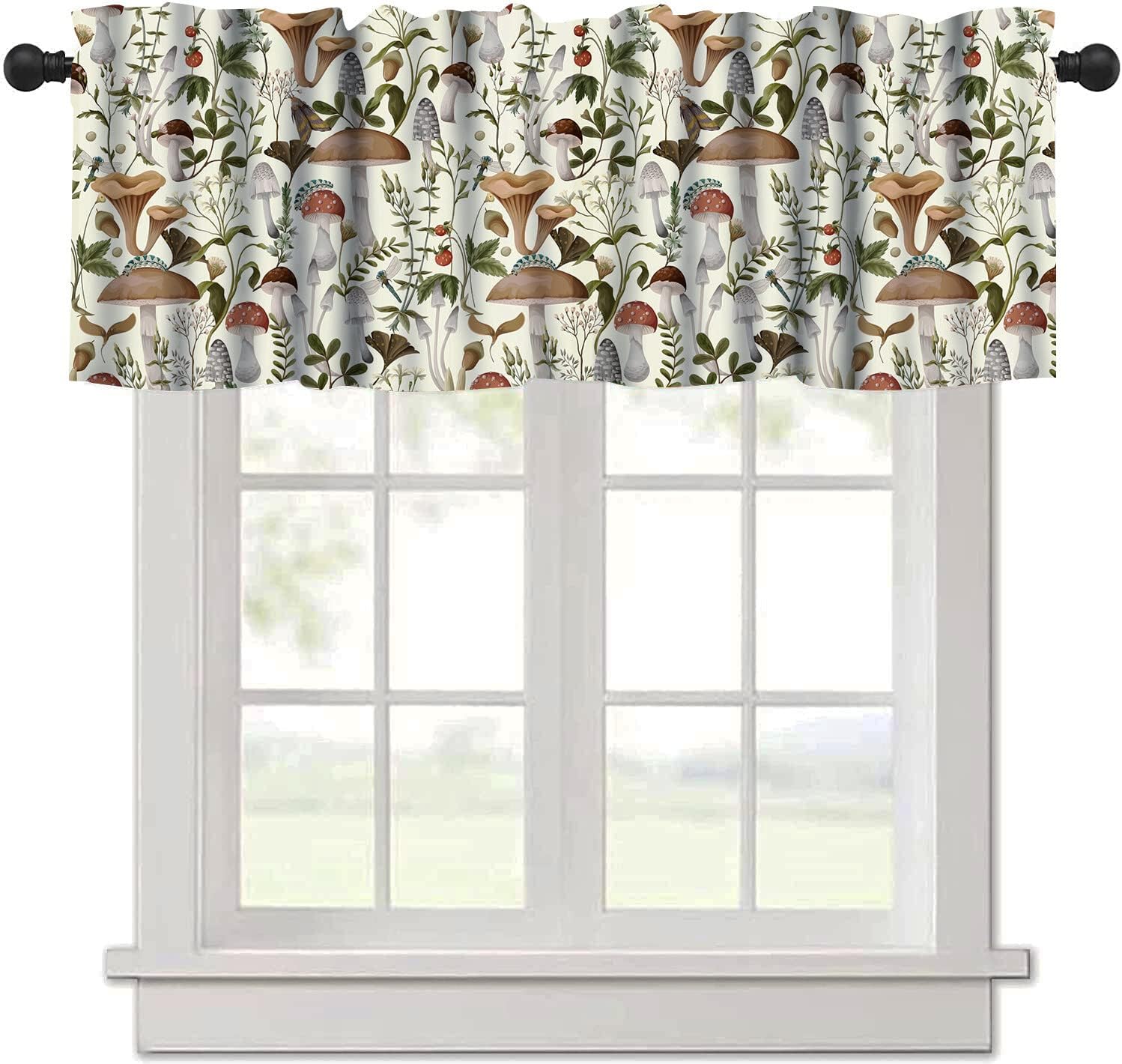 Mushroom Kitchen Curtains, Botanical Wild Herbs Leaves