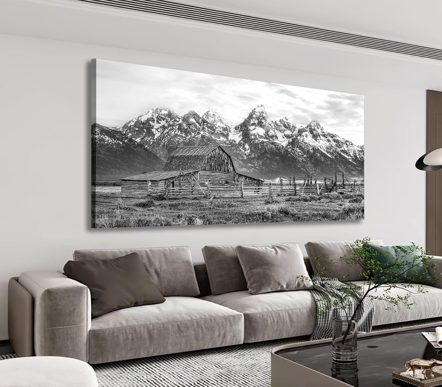 Farmhouse Rustic Barn Wall Art for Living Room Bedroom Large Size Grand Teton Black White Canvas Pictures Artwork Prints Snow Mountain Grassland Nature Landscape for Home Office Decor 29
