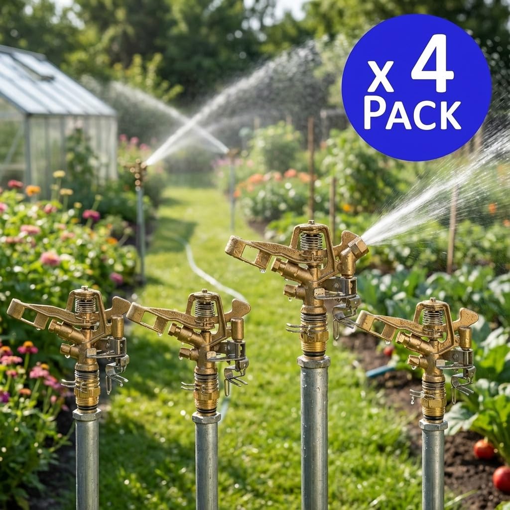 Suinga Aspersor de Riego Agricola Laton Ajustable 3/4'' | Pack 4 Aspersores con Alcance 12-19 m | Aspersor de Jardin Sectorial
