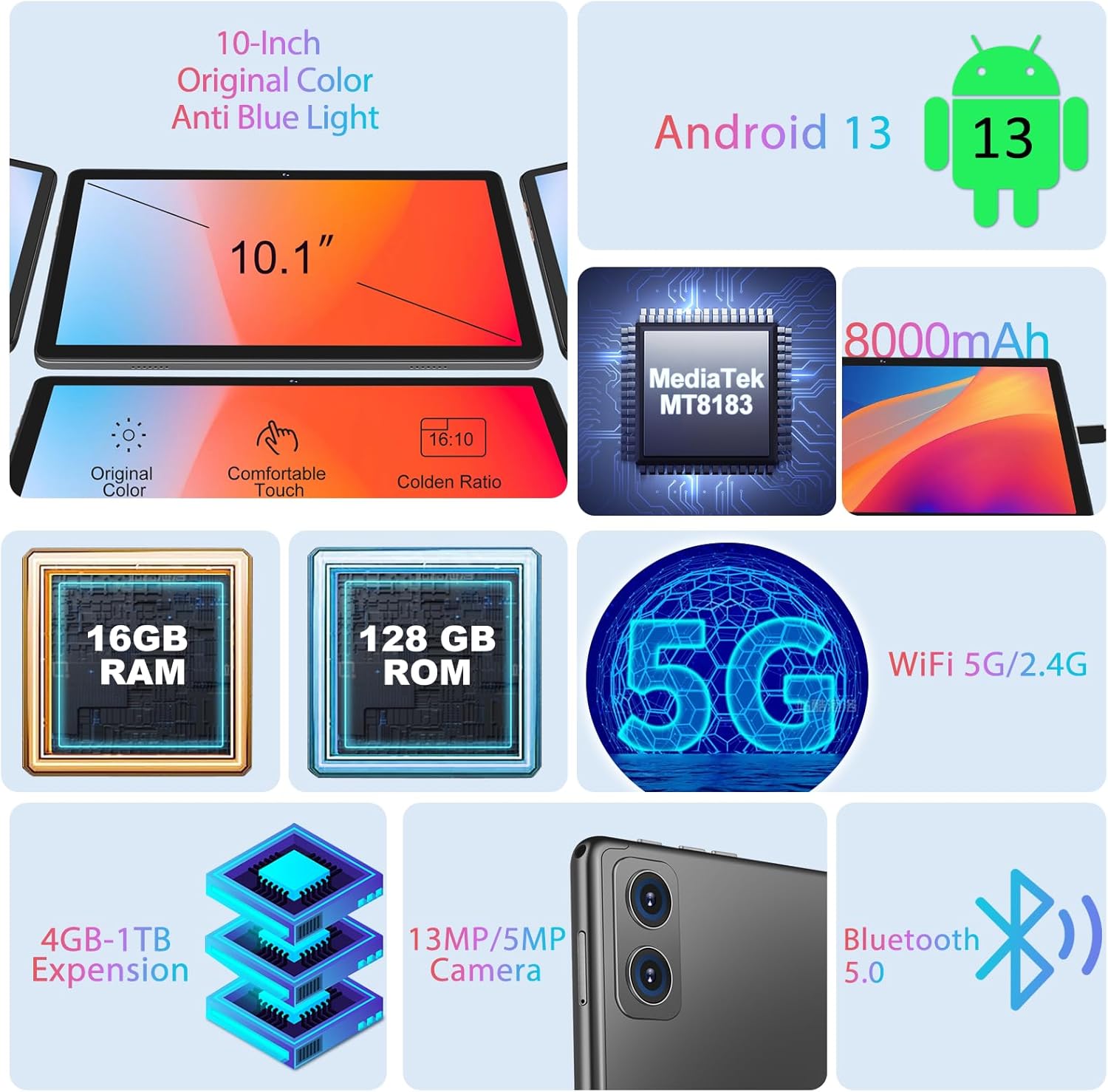 Tablet 10 Pollici Android 13 16GB RAM+128GB ROM(1TB TF) UFS Ad Alta Velocità, 8-Cores 2.0GHz, WiFi 5G, Bluetooth 5.0, GPS, GOOGLE GMS, 13MP+5MP, Batteria 8000mAh, con Custodia, Tastiera e Mouse, Oro Tablet 10 Pollici Android 13 16GB RAM+128GB ROM(1TB TF) UFS Ad Alta Velocità, 8-Cores 2.0GHz, WiFi 5G, Bluetooth 5.0, GPS, GOOGLE GMS, 13MP+5MP, Batteria 8000mAh, con Custodia, Tastiera e Mouse, Oro