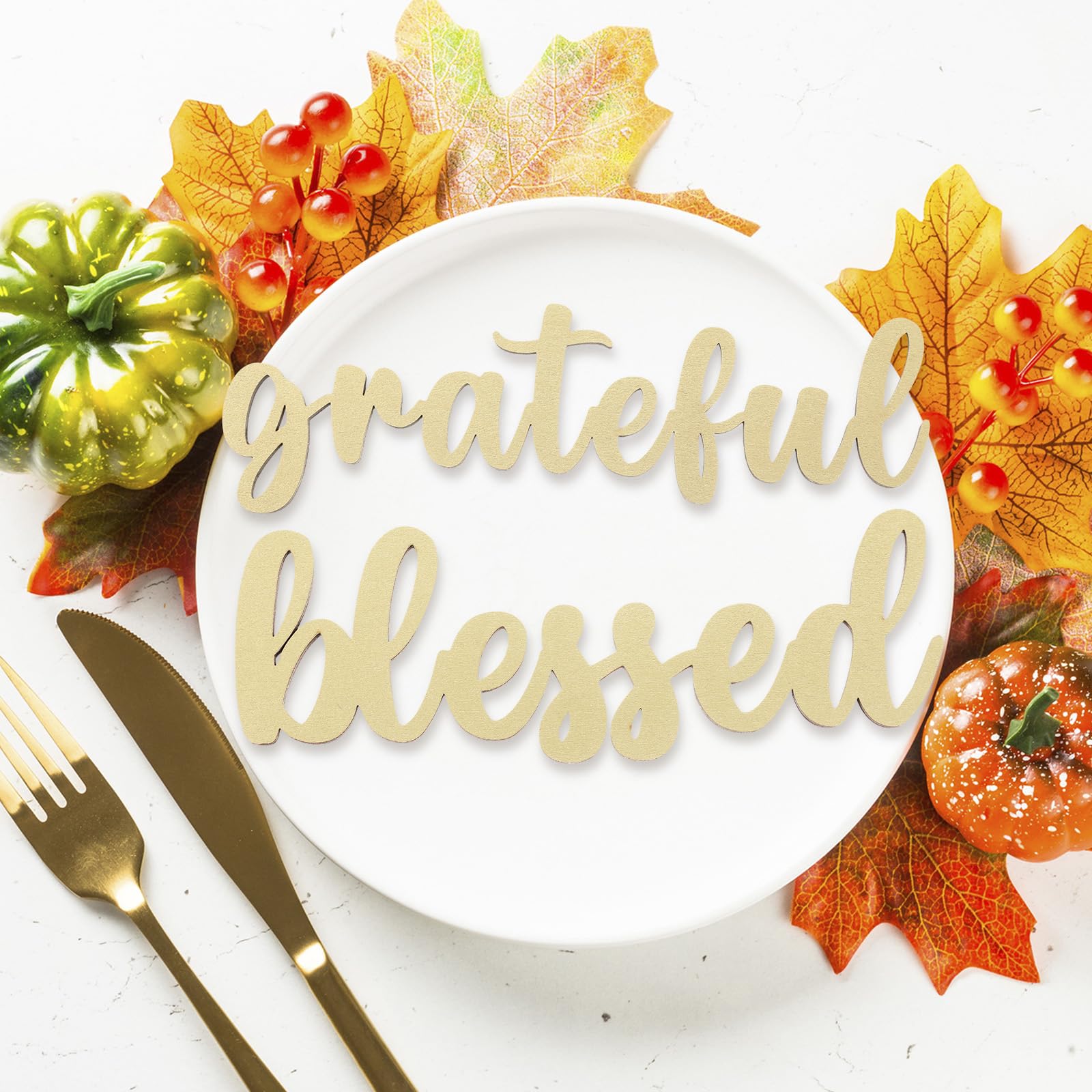 12-Piece Thanksgiving Wood Cutouts - 'Grateful', 'Thankful', 'Blessed' Cursive Signs For Plates & Table Decor