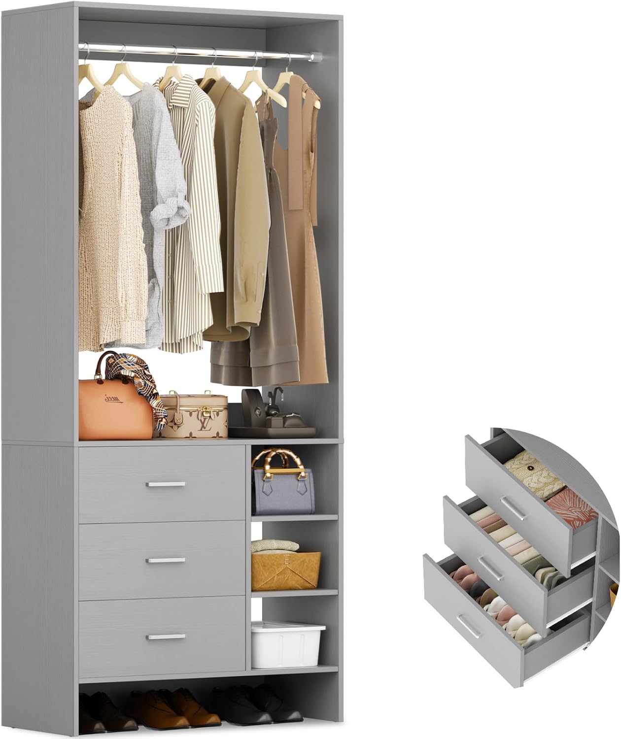 Main product image of the Aheaplus Closet System with drawers, shelves, and hanging rod