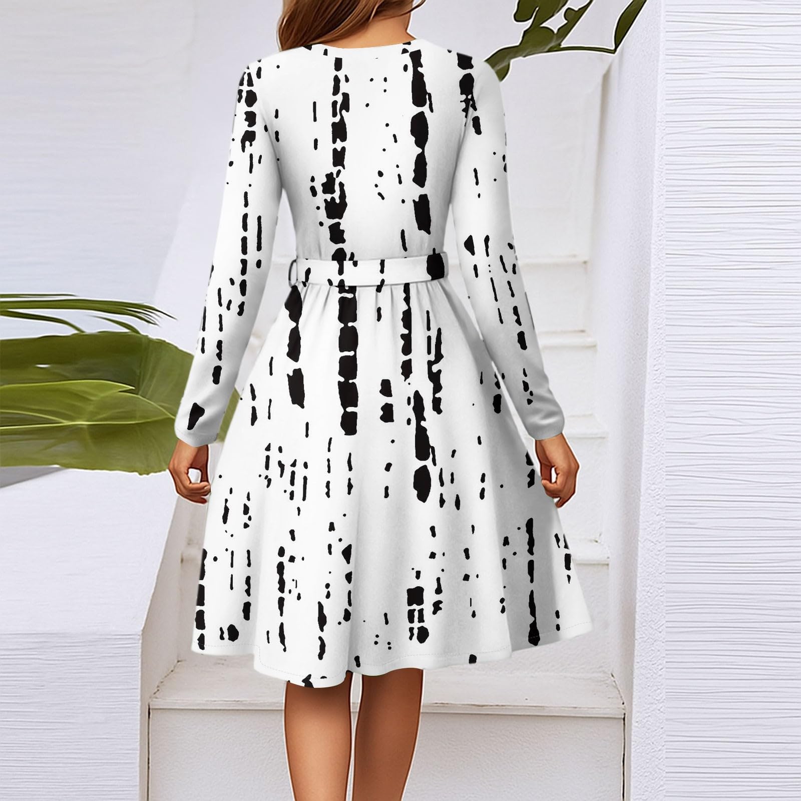 Herbstkleid Damen Knielang A Linie Langarm Midikleid V-Ausschnitt Tunika Kleid Mit Gürtel Lässiges Business Kleid Damen Elegant Schicke Sommerkleider Freizeitkleid
