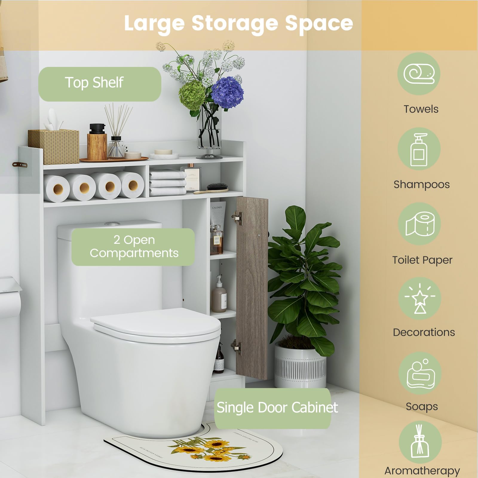 LIFEZEAL Armadietto WC a 5 scomparti, salvaspazio in legno, mensola da bagno con porta, scaffale per lavatrice, armadietto per WC