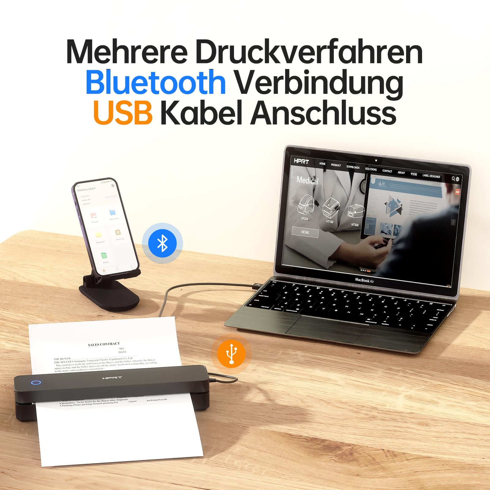 HPRT tragbarer Drucker drahtlos für Reisen, Bluethooth Tintenloser Thermodrucker Unterstützung für A4-Papier, kompatibel mit iOS, Android, Laptop für Büro und Zuhause