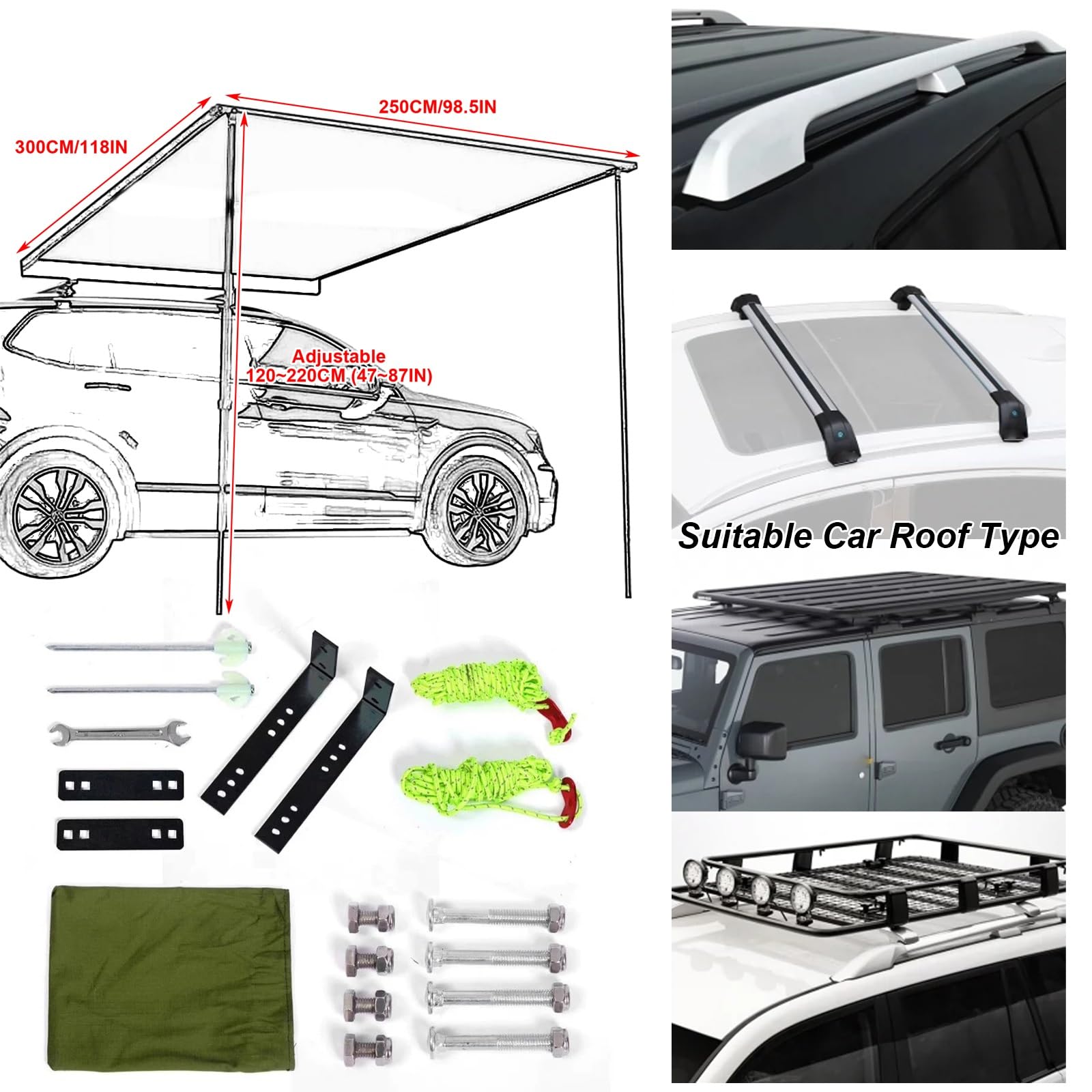 Tendalino Auto Estraibile, Tenda da Tetto Auto per SUV, PU 3000MM UV30+ Tendalino Camper, Tenda Tetto Auto Esterni