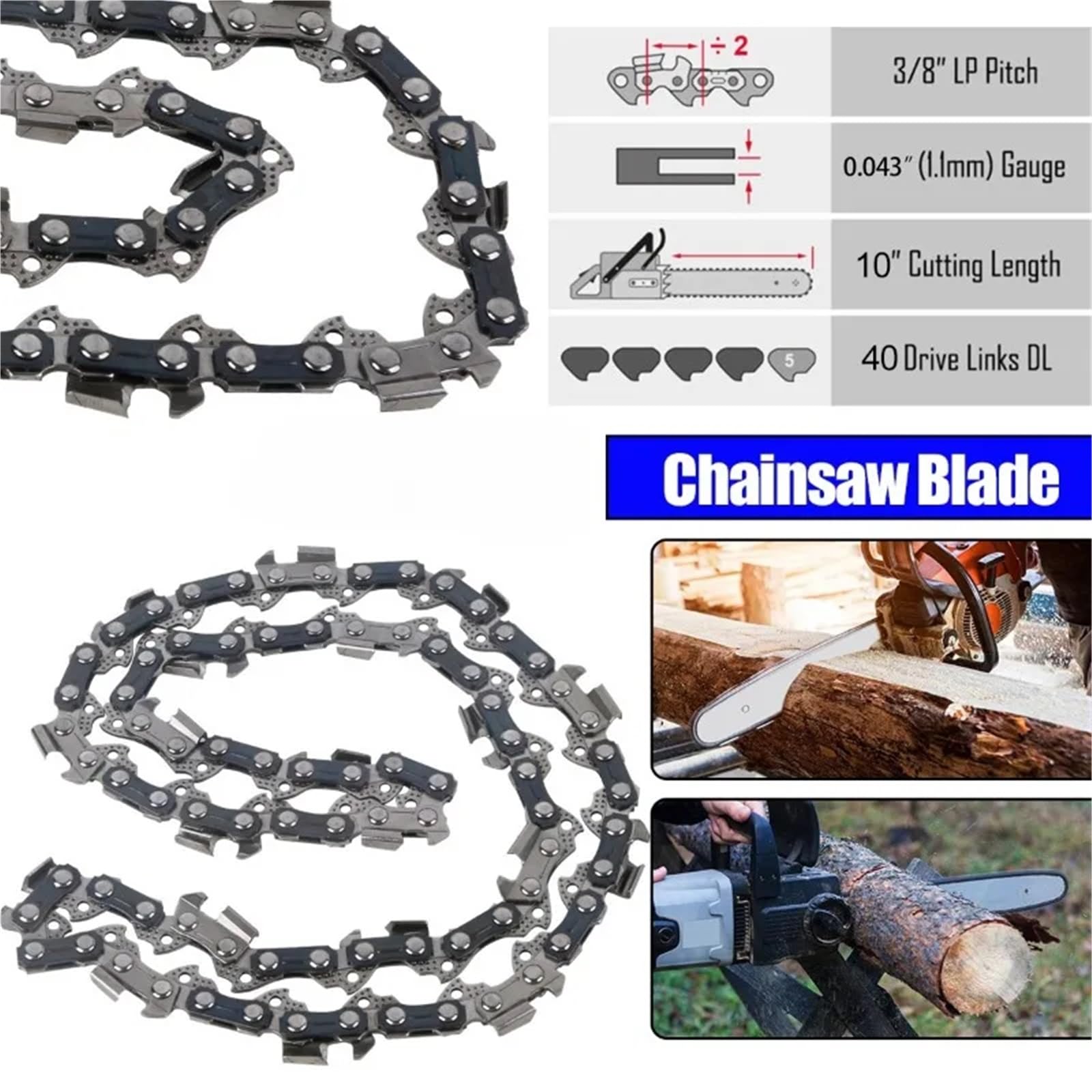 Cadena de motosierra Metal 10 pulgadas, 40 eslabones transmisión, 3/8 Lp, repuesto accesorio sierra eléctrica portátil 0.043 Cadena de corte de madera(3pcs-10inch 40 Dl)