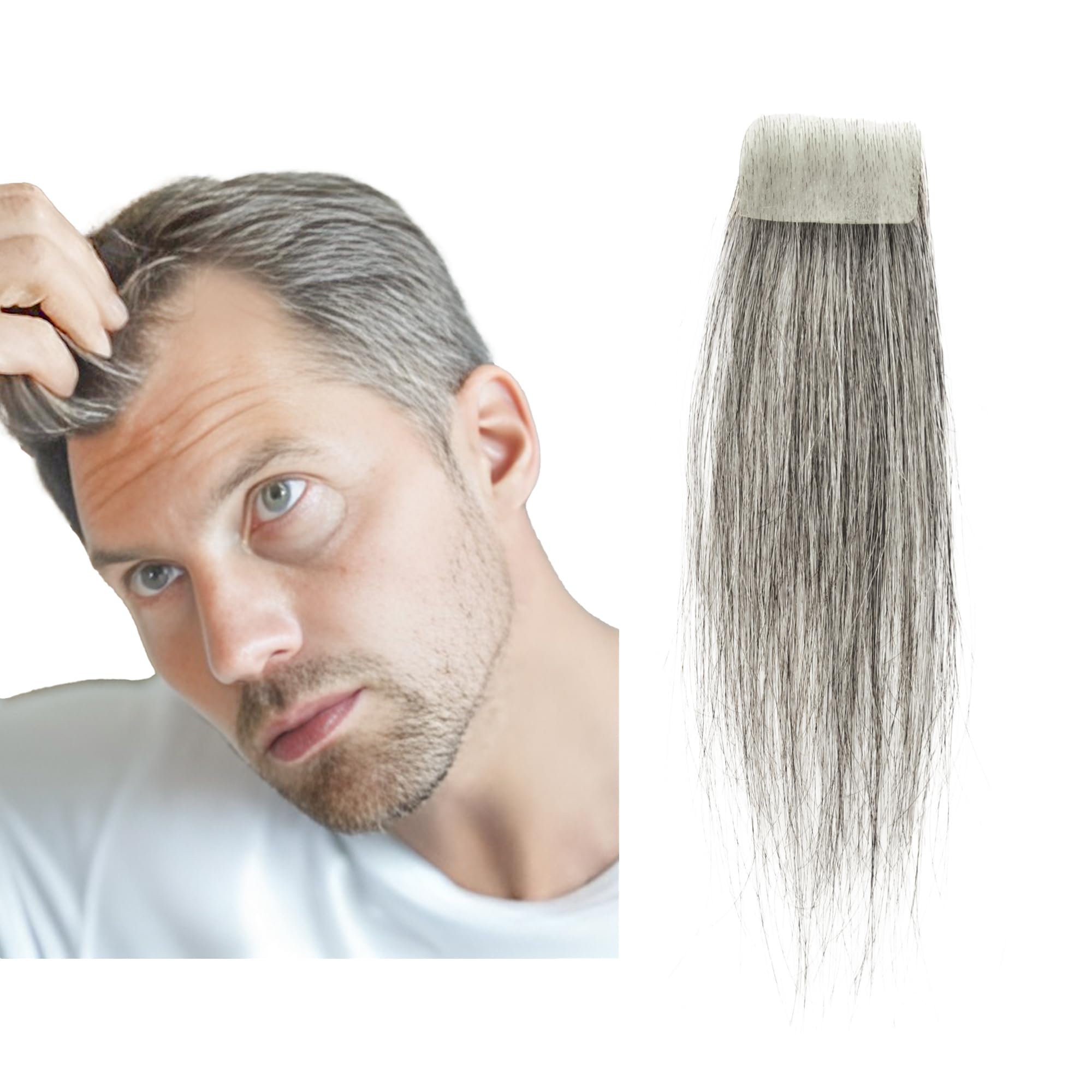 viviaBella human hair bald spot hair patch toupee scar human hair replacement hairline loss straight Tape for men and women (Pepper Salt, 0.78"*1.57")