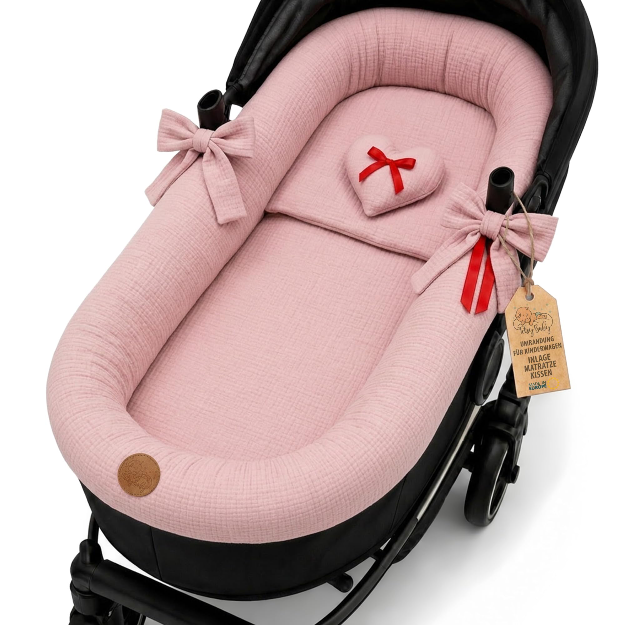 Cubre Capazo Universal de Muselina de Algodón – Funda Capazo Interior Transpirable que Viste y Protege el Cochecito – Set 3 Piezas con Almohada e Inserción Recién Nacido Rosa