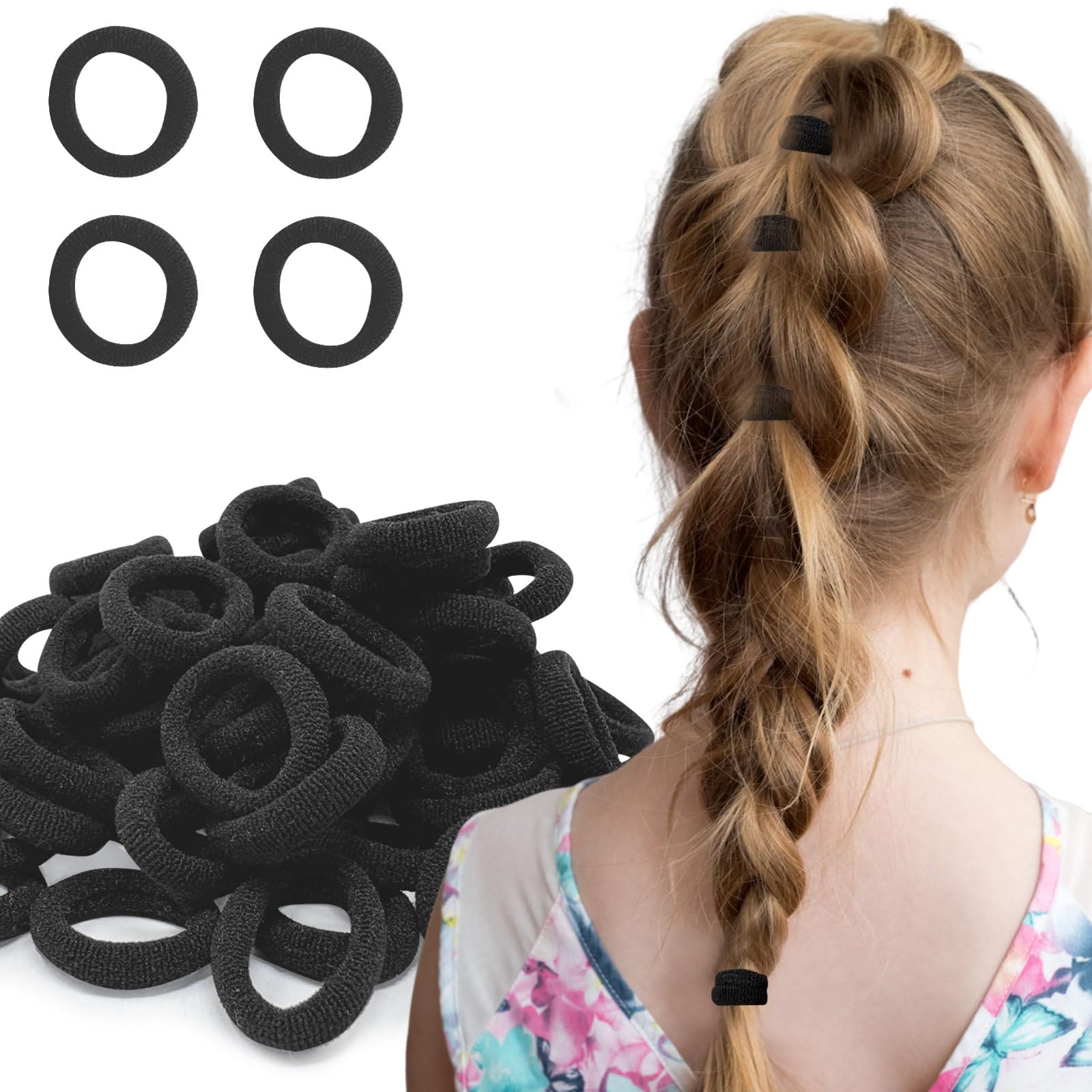 100 Pcs Hair Ties Toddler Hair Ties No Damage for Little Girls and Kids Soft Mini No-Pull Sweet & Cute Elastic Ponytail Holders (Black)