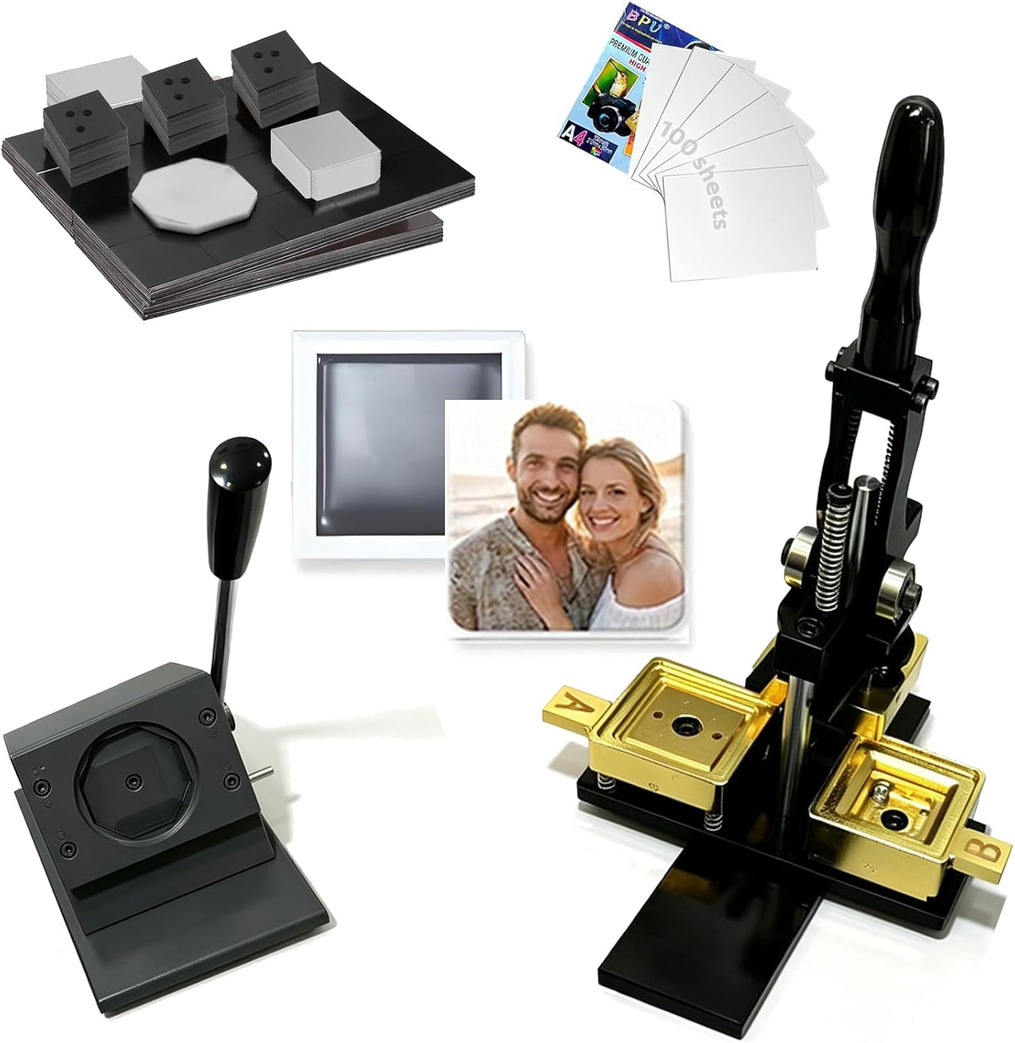2x2inch Square Magnet Maker Machine Kit, 50x50mm Fridge Photo Magnet Make Machine, DIY Refrigerator Magnets Making Machines, With Paper Cutter, 100set Acrylic Consumables, 100pcs Photo Paper