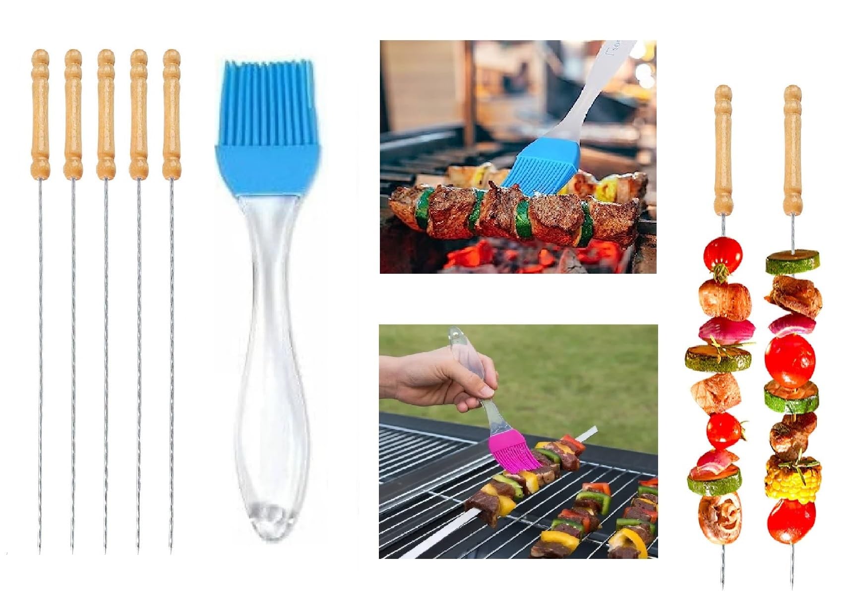 DOMUM Stainless Steel Skewers/BBQ Sticks for Seekh, Kabab, Tikka & Silicone Oil Brush for Cooking, Pastry Brushes for Grilling, Tandoor, BBQ. Stick 5pcs (12 Inch) + Oil Brush (Pack of 1-17cmX3cm). (B0C8P4M9B8) Amazon Price History, Amazon Price Tracker