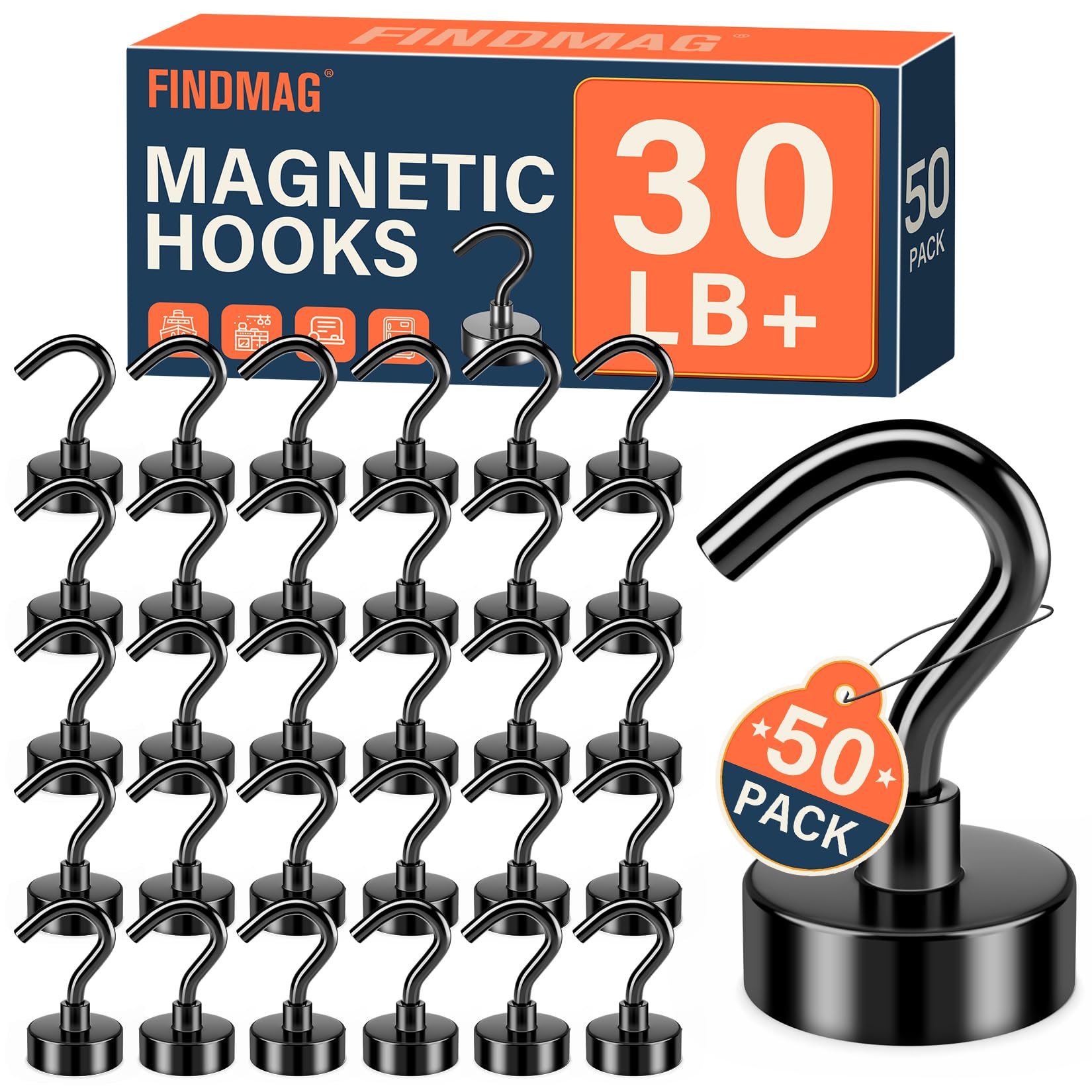 FINDMAG Magnetic Hooks, 30LB+ Magnetic Hooks for Cruise Cabins, 50 Pack