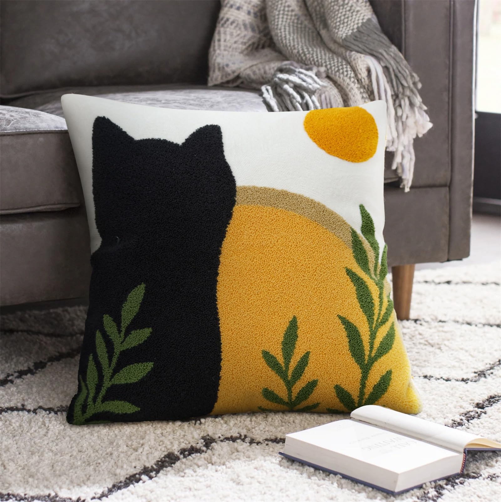 Adabana Decorative Boho Throw Pillow Covers — Cute Black Cat Textured Pillow Cover for Couch Bed — Yellow Sun and Green Leaf Embroidery Pillow Cover (18” x 18”)