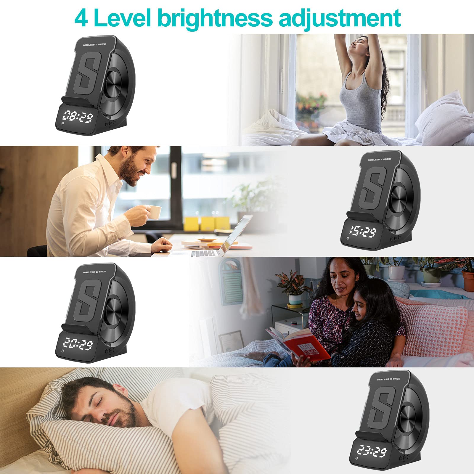 Cargador inalámbrico WD-200 Altavoz compatible con Bluetooth Pantalla LED digital Reloj despertador Estación de carga de radio con soporte para el dormitorio y la oficina