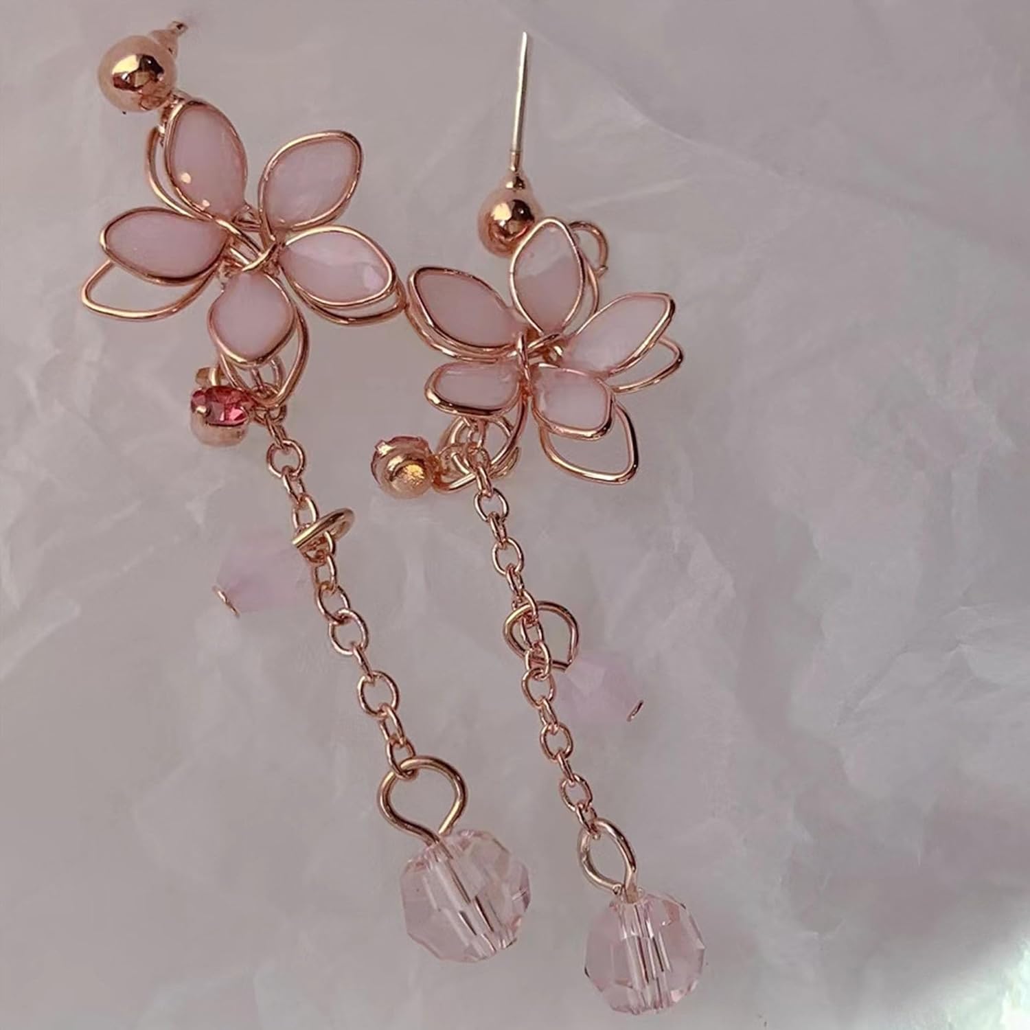 Pink Cherry Blossom Dangle Stud Earrings for Women Cute Enamel Diamond Flower Drop Dangling Earrings Wedding Birthday Party Jewelry Gifts - Image 7