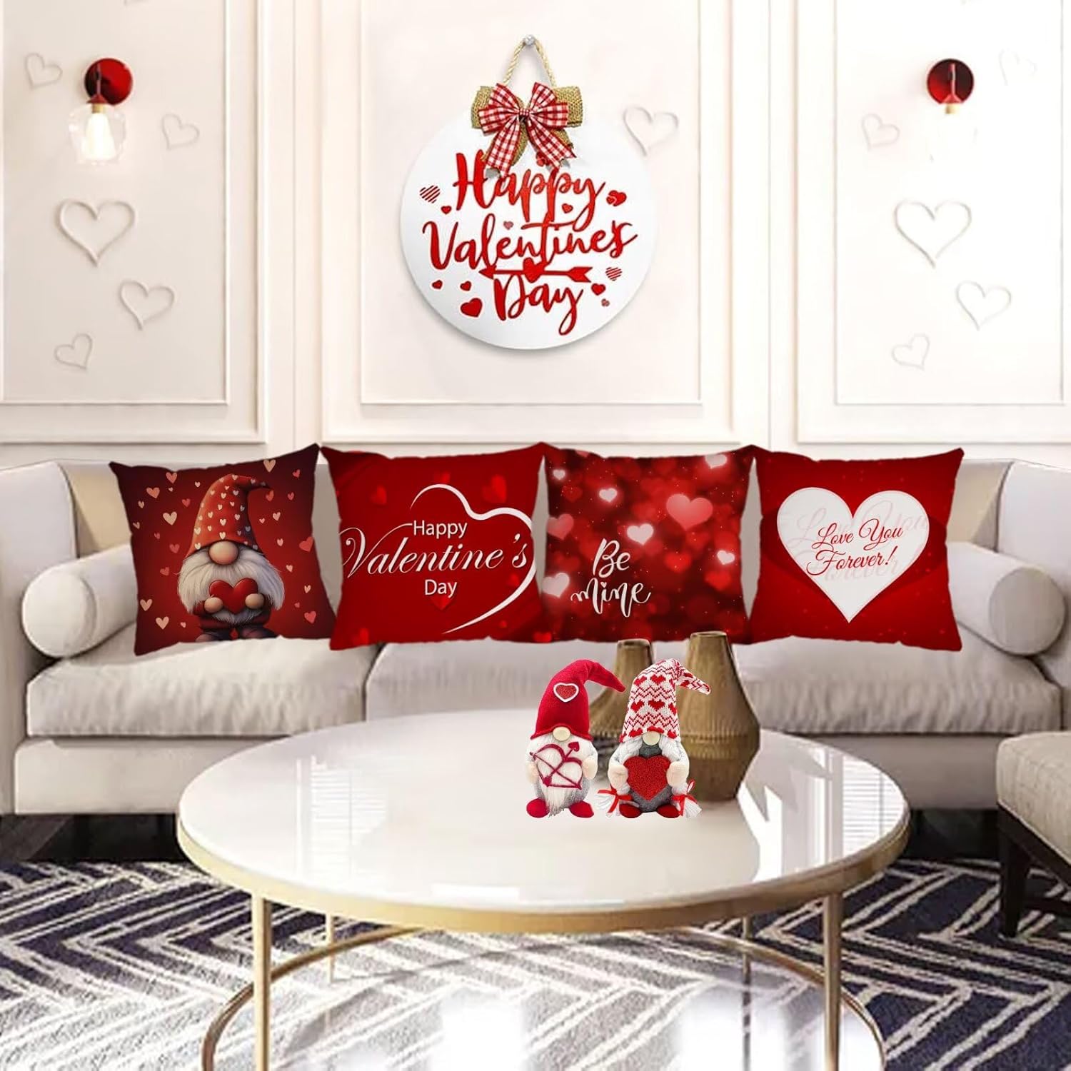 YeeJu Happy Valentines Day Pillow Covers 26x26 Set of 4 Red Love Heart Gnome Pillow Cases Velvet Wedding Anniversary Love You Cushion Covers for Outdoor Couch Sofa Decoration(26 Inch)