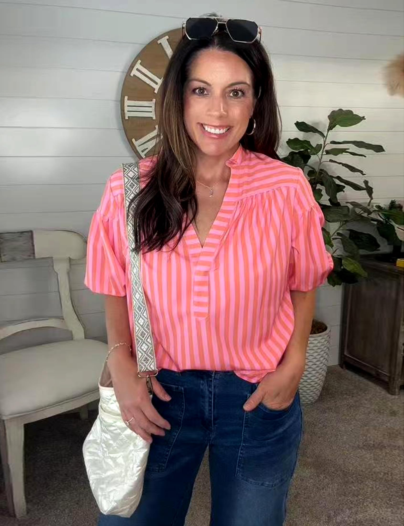 Blusa de manga corta abombada para mujer, a rayas, cuello en V, para verano, negocios, casual, lindo, babydoll, bohemio, holgada