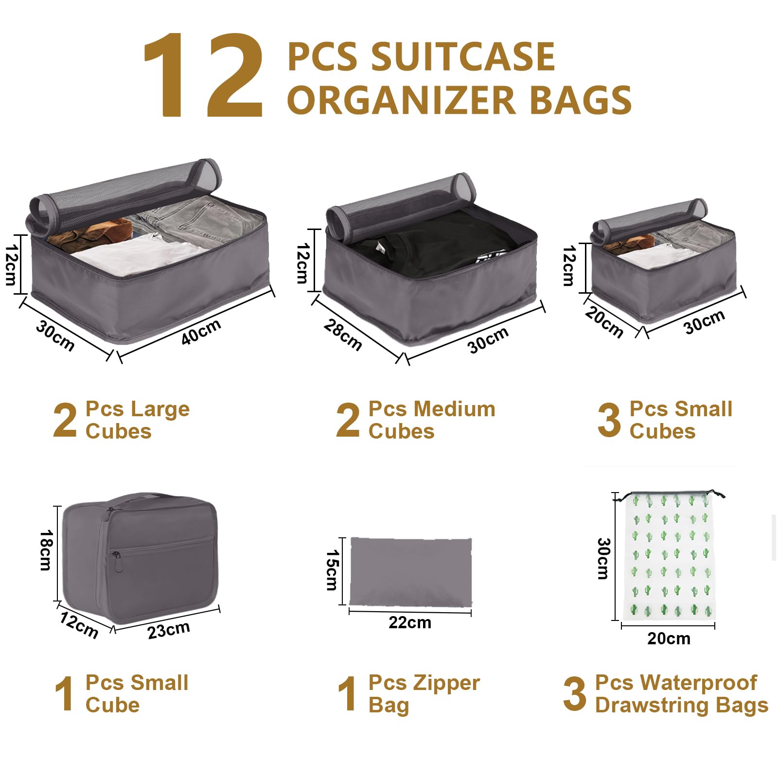 Große Koffer Organizer Set 12-teilig, Wasserdichte Packwürfel, Travel Organizer zum Gepäckpacken, Familienreisen, Aufbewahrung zu Hause Grau