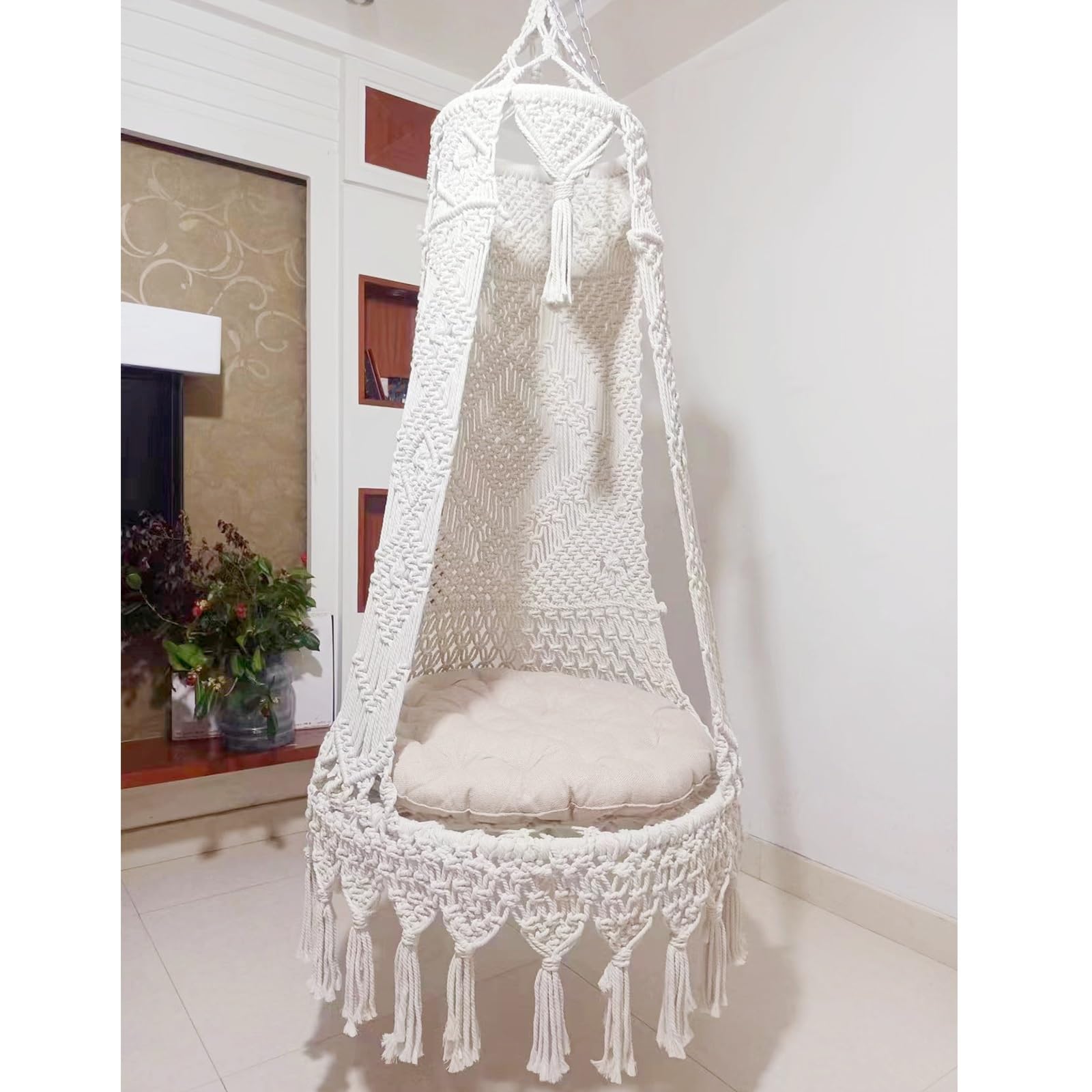 Poltrona Sospesa da Giardino Bianca Sedia Sospesa con Cuscino Rotondo, Sedia Amaca Altalena di Cotone Intrecciate per Interni Giardino e Terrazzo(100cm(39.37in))