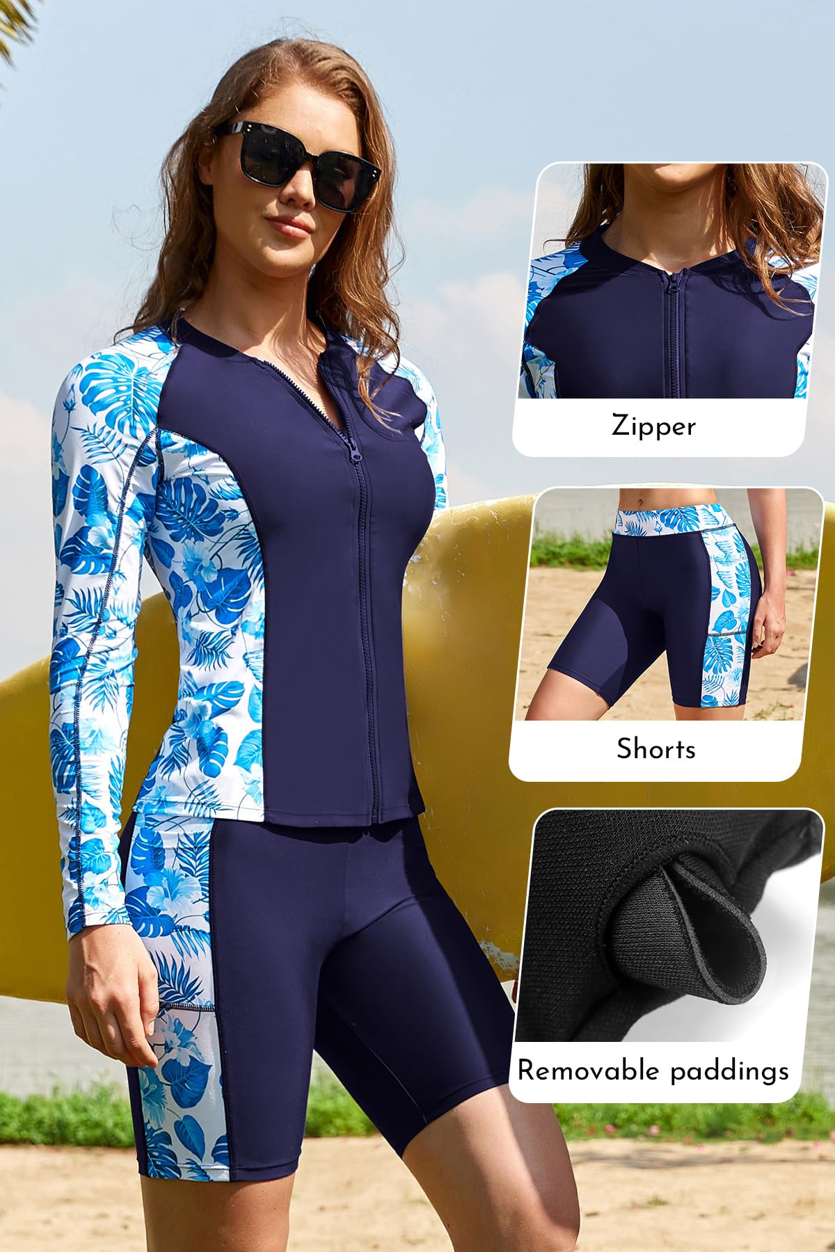 SHEKINI Camiseta de natación de 3 piezas para mujer, de manga larga, con cremallera, brasier deportivo con pantalón corto, traje de baño modesto con pantalones cortos