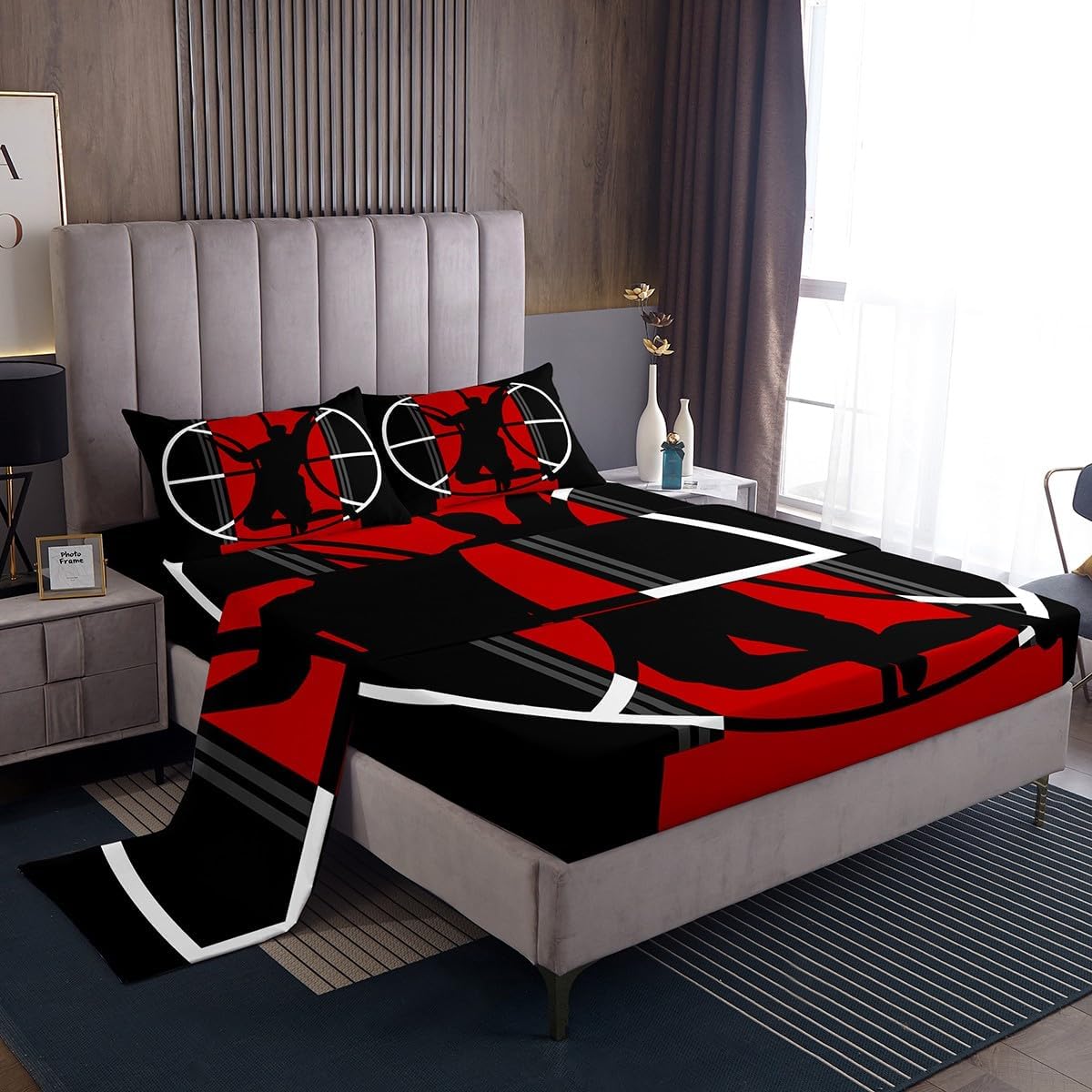Basketball Bed Sheet Set Kids Sports Games Sheets Set 4pc Red and Black Microfiber Soft Bedding Set,1 Flat Sheet,1 Deep Pocket Fitted Sheet,2 Pillow Cases（Queen Size）