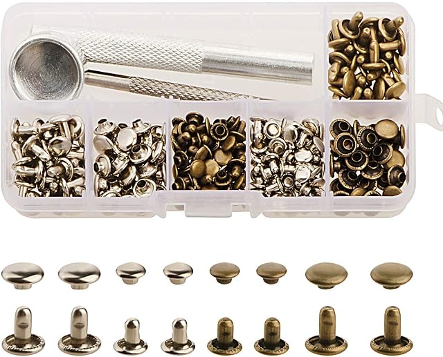 Yakamoz 120 Set Leather Double Cap Rivets Tubular Metal Studs with 3 Fixing Tool for DIY Leather Craft, Rivets Replacement, 6mm and 8mm, Sliver and Bronze