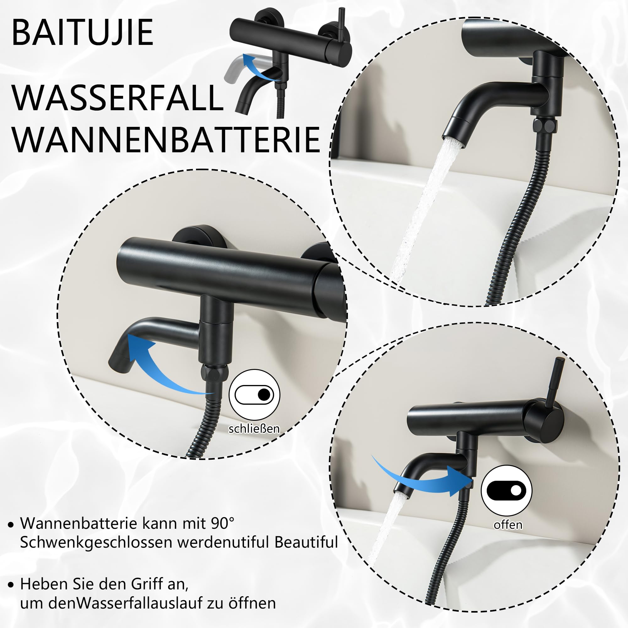 Rubinetti per vasca con doccetta Rubinetto per vasca a parete Rubinetto nero per vasca da bagno Bocca girevole a 90 ° con doccetta a 5 funzioni
