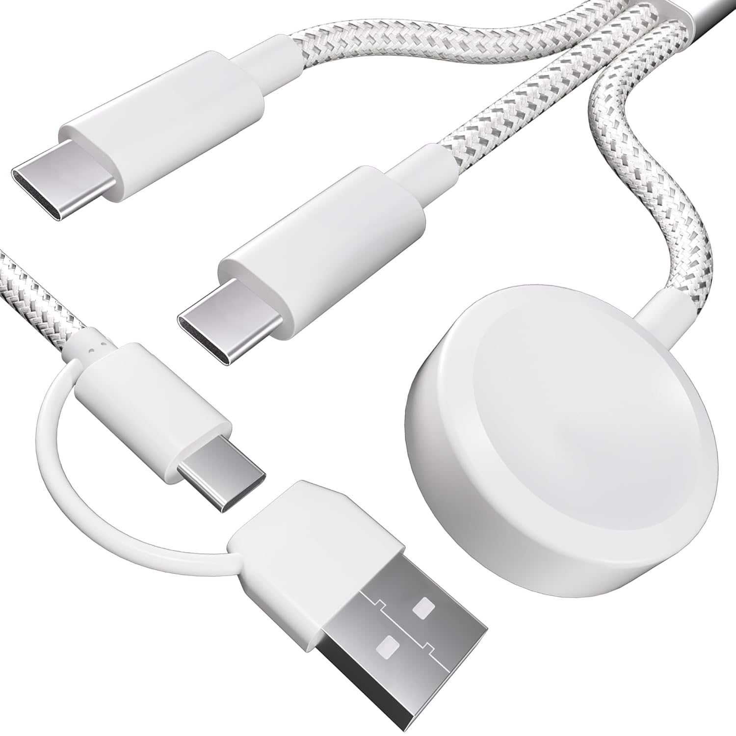 Product image of 3 in 2 Fast Charger Cable, All in One Combo Thick Braided USB C (USB A) Travel Multi Device Charging Cord, Compatible with Apple Watch Ultra SE Series1-10, for iPhone 15 16, 4FT/1.2M-Starlight