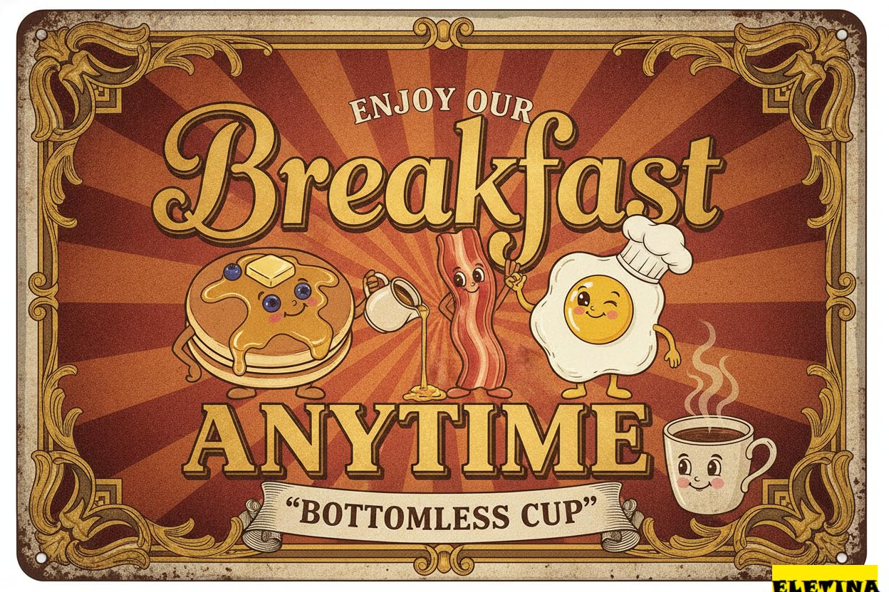 Personalized Sign for Man Cave Tin Breakfast Anytime Enjoy Our Bottomless Cup 8x12 Vintage Wall Decor Private Property Decorative