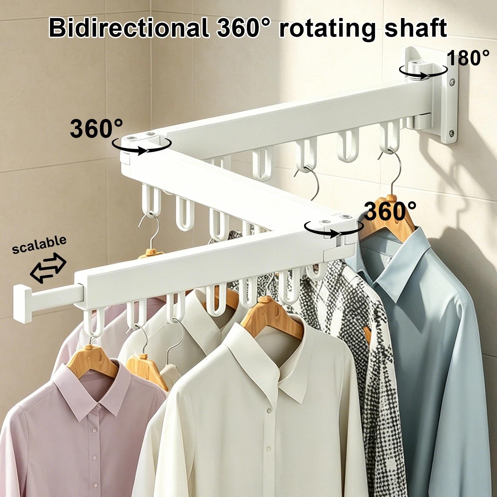 Tendedero de Pared de 120 cm con 18 Ganchos, Plegable y Extensible, Montaje 2 en 1 (taladrar o Pegar), tendedero para balcón, baño, lavandería, Color Blanco