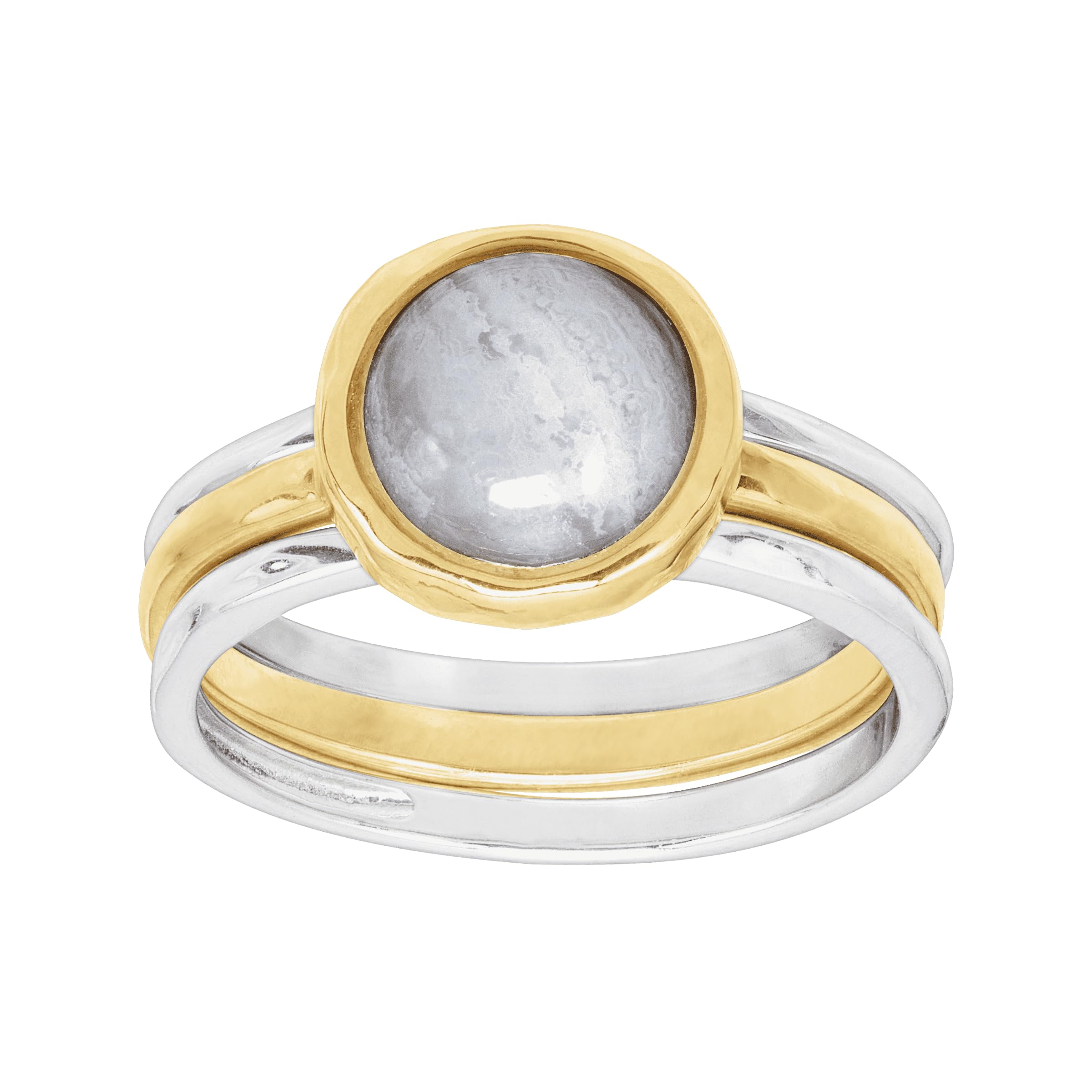 Silpadain Good Campanile' Stacking Rings with Natural Blue Lace Agate in Sterling Silver & Brass
