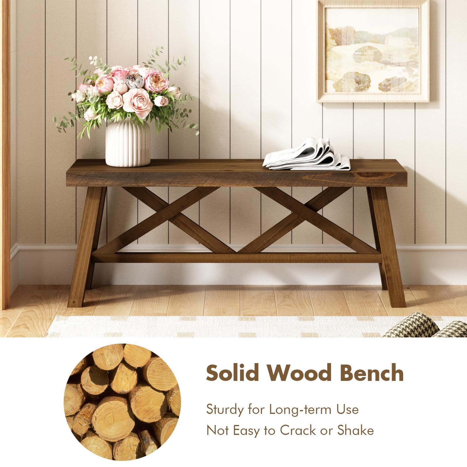 Wnutrees 43" Farmhouse Solid Wood Bench, Rustic Entryway Bench, Natural | Double X-Structure Dining Seat for End of Bed, Living Room, Hallway, Structural Stability, Rustic Decor