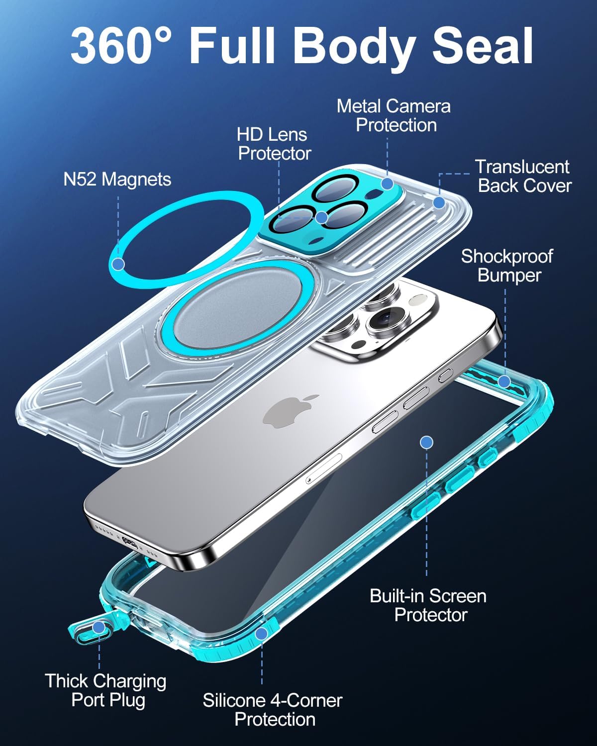 for iPhone 15 Pro Max Waterproof Case with Magsafe, Screen Protector, Lanyard, IP68 Military Full Body Shockproof, for Water Sports Outdoor Work, Funda para 15 Pro Max Impermeable, 6.7 Teal