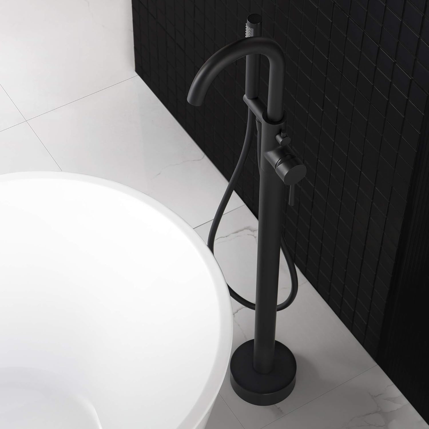 Tесh Dеаlѕ 🔥 WOODBRIDGE Freestanding Tub Filler Bathtub Floor Mount Brass Bathroom Faucets with Hand Shower, F-0006 Matte Black