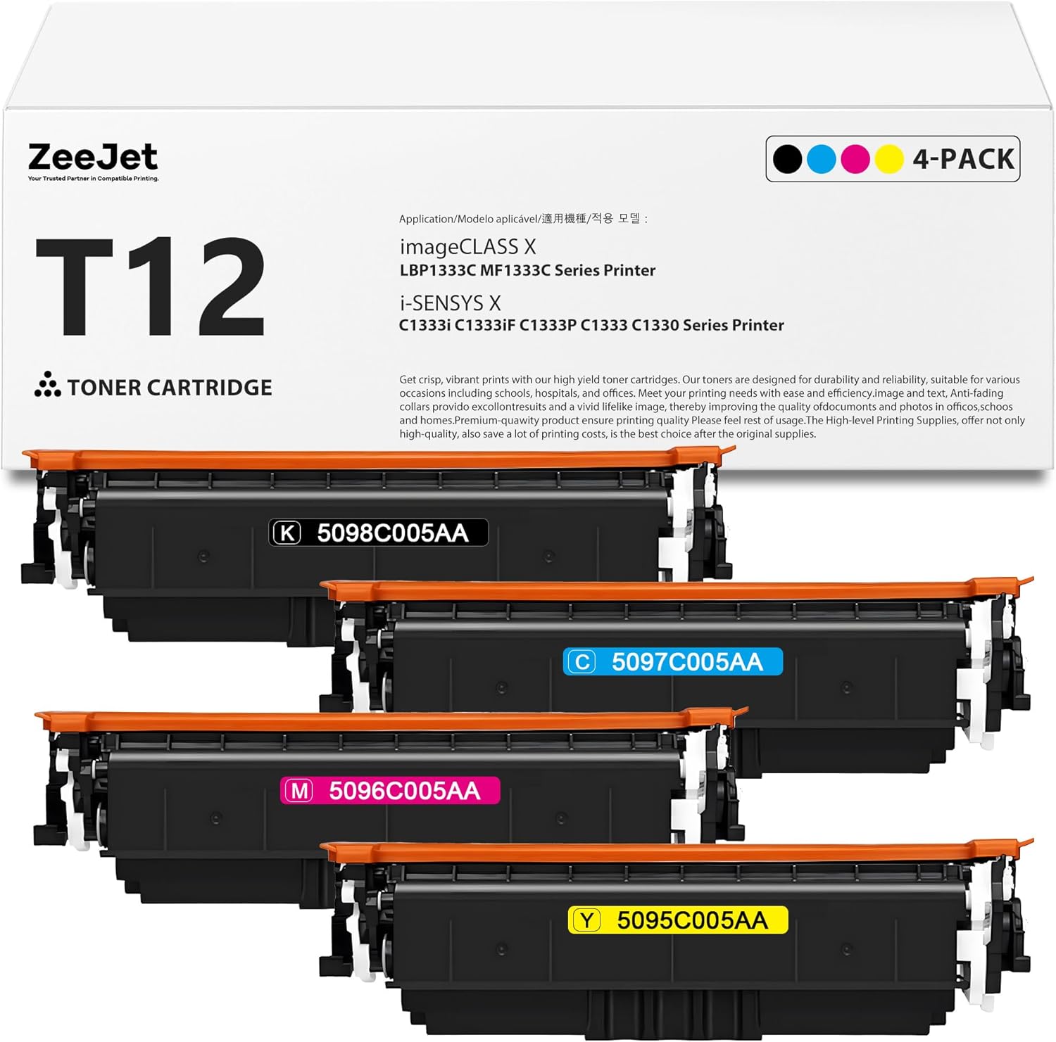 T12 T12L Toner Cartridges 4-Pack Replacement for Canon T12 Toner Cartridge for Color imageCLASS X LBP1333C MF1333C i-SENSYS X C1333i C1333iF C1333P Printer Ink Black Cyan Magenta Yellow