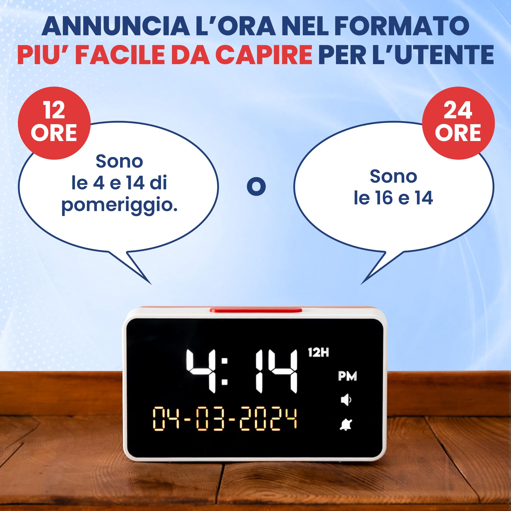 Top Life Sveglia Parlante - Volume Extra Alto - per Anziani, Ipovedenti, Ciechi, Malati di Alzheimer - Orologio a 12 o 24 ore - Sveglia con Cifre Grandi, Voce Italiana