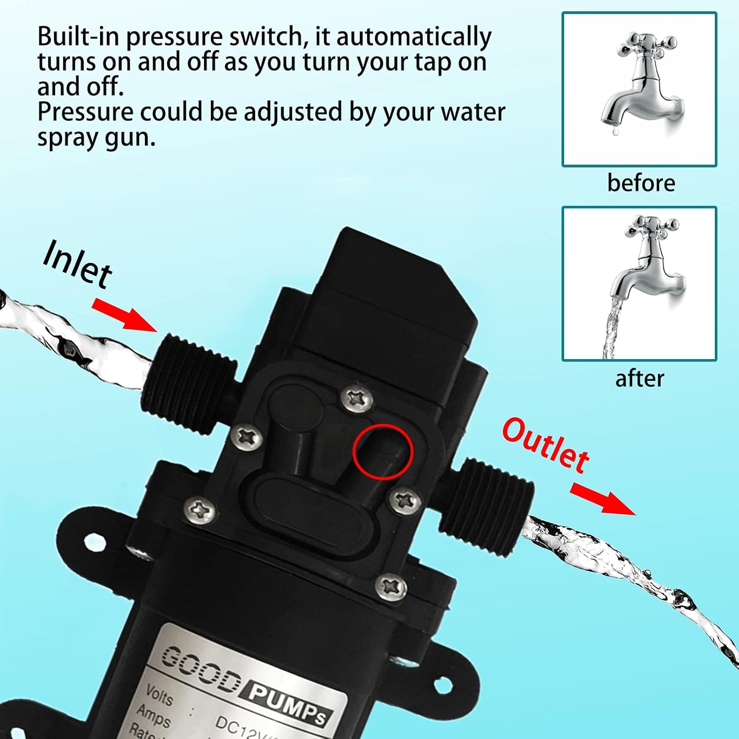 DC 12V Pompa Autoadescante, 70W 0.9Mpa 6L/Min Pompa Acqua Ad Alta Pressione Pompas Autoadescante A Membrana Ad Alta Pressione Ad Acqua Per Roulotte/RV/Camper/Barche/Giardino