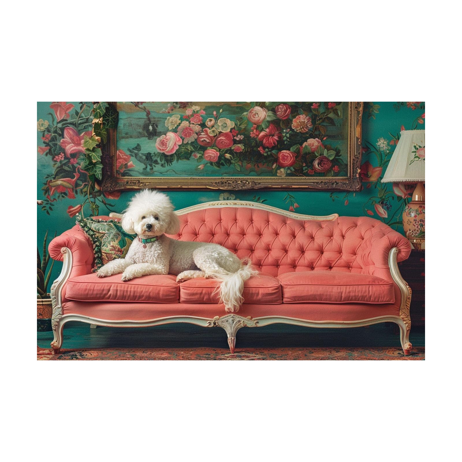 Cuadro de caniche divertido para dar un toque vintage y floral al baño, lienzo coral de 40x60cm 8