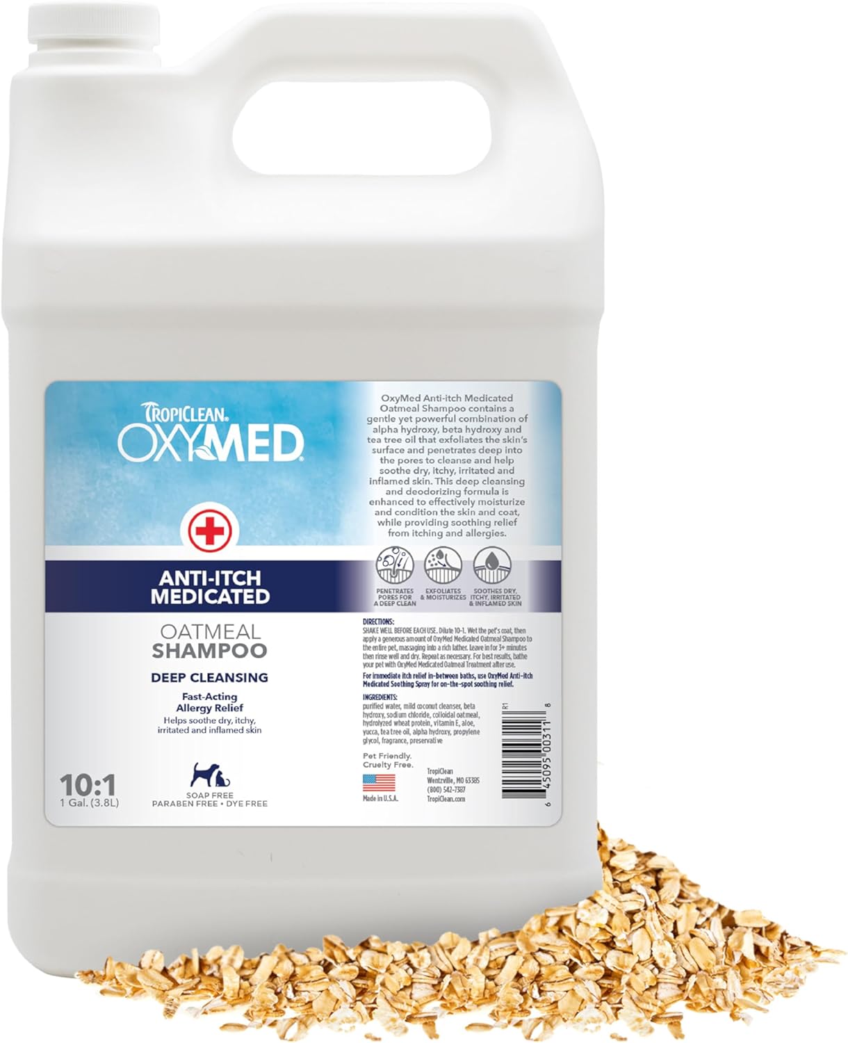 TropiClean OxyMed Dog Shampoo for Allergies and Itching, Medicated Oatmeal Shampoo for Dry Itchy Skin, Seborrhea, & Hot Spots, Cat Safe, 1 Gallon