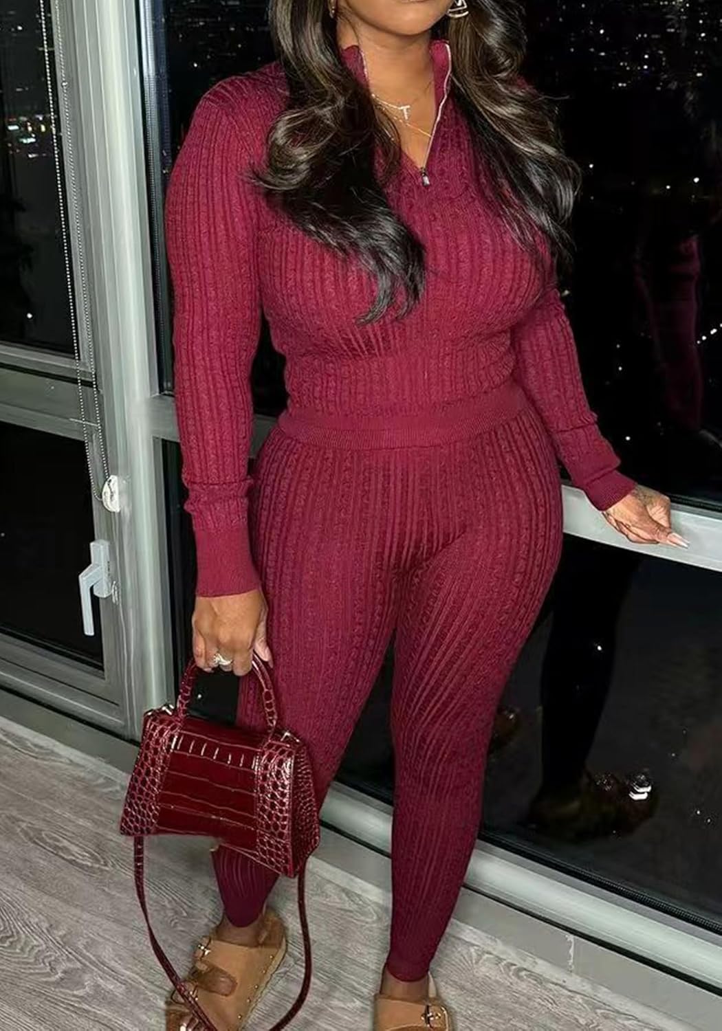 Tcremisa Womens Lounge Sets Cable Knit 2 Piece Outfits Skinny Long Sleeve Sweater Pants Set Fall Winter Matching - Image 5