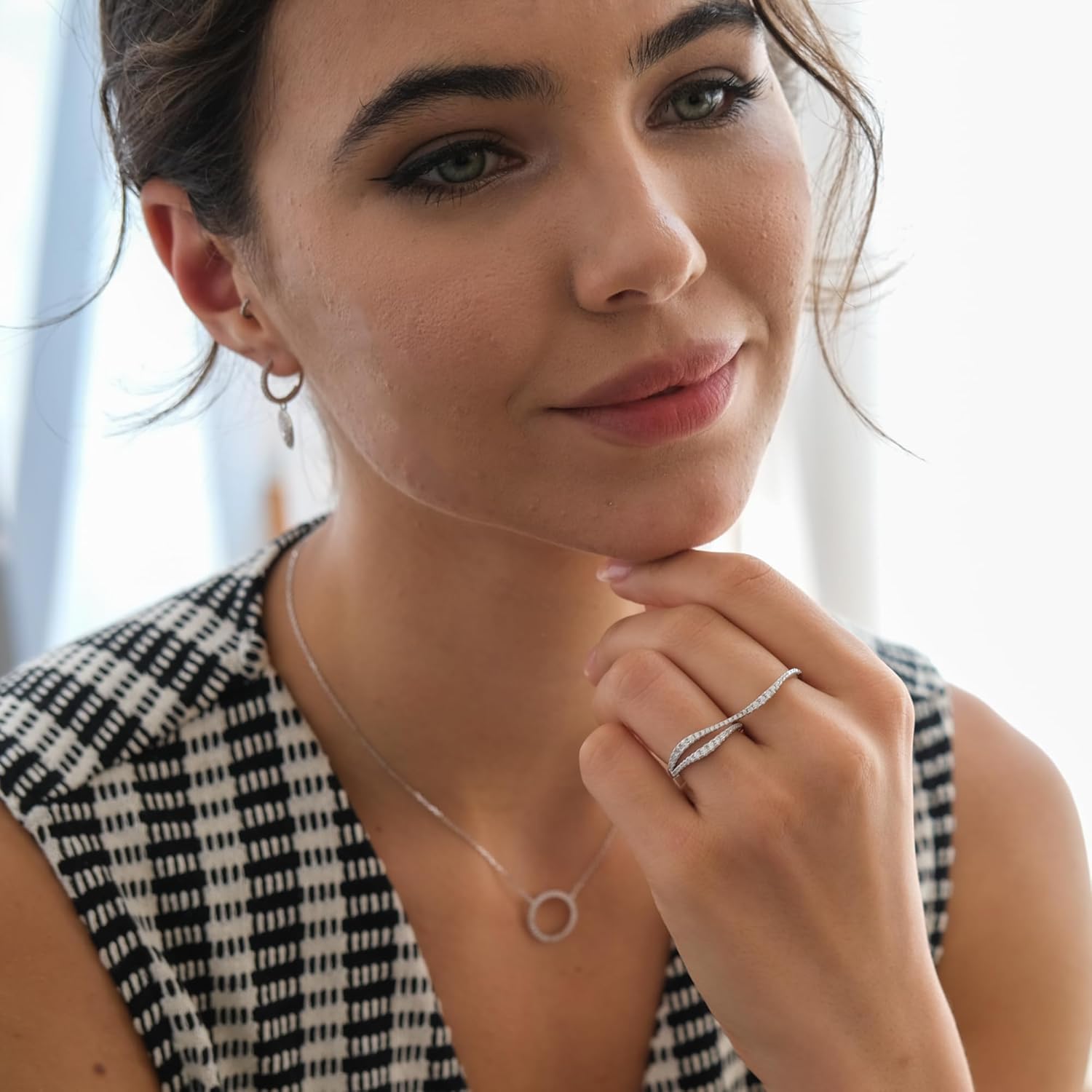 espere Rhodium Plated Paved Circle Pendant Sterling Silver Necklace for Women - Image 5