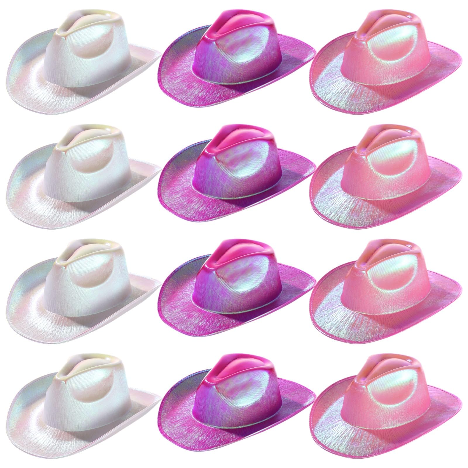 12 sombreros de vaquero para mujer, ala ancha fluorescente con luz degradado de neón, acabado brillante perla con cuerda ajustable, accesorio de disfraz para fiestas y eventos